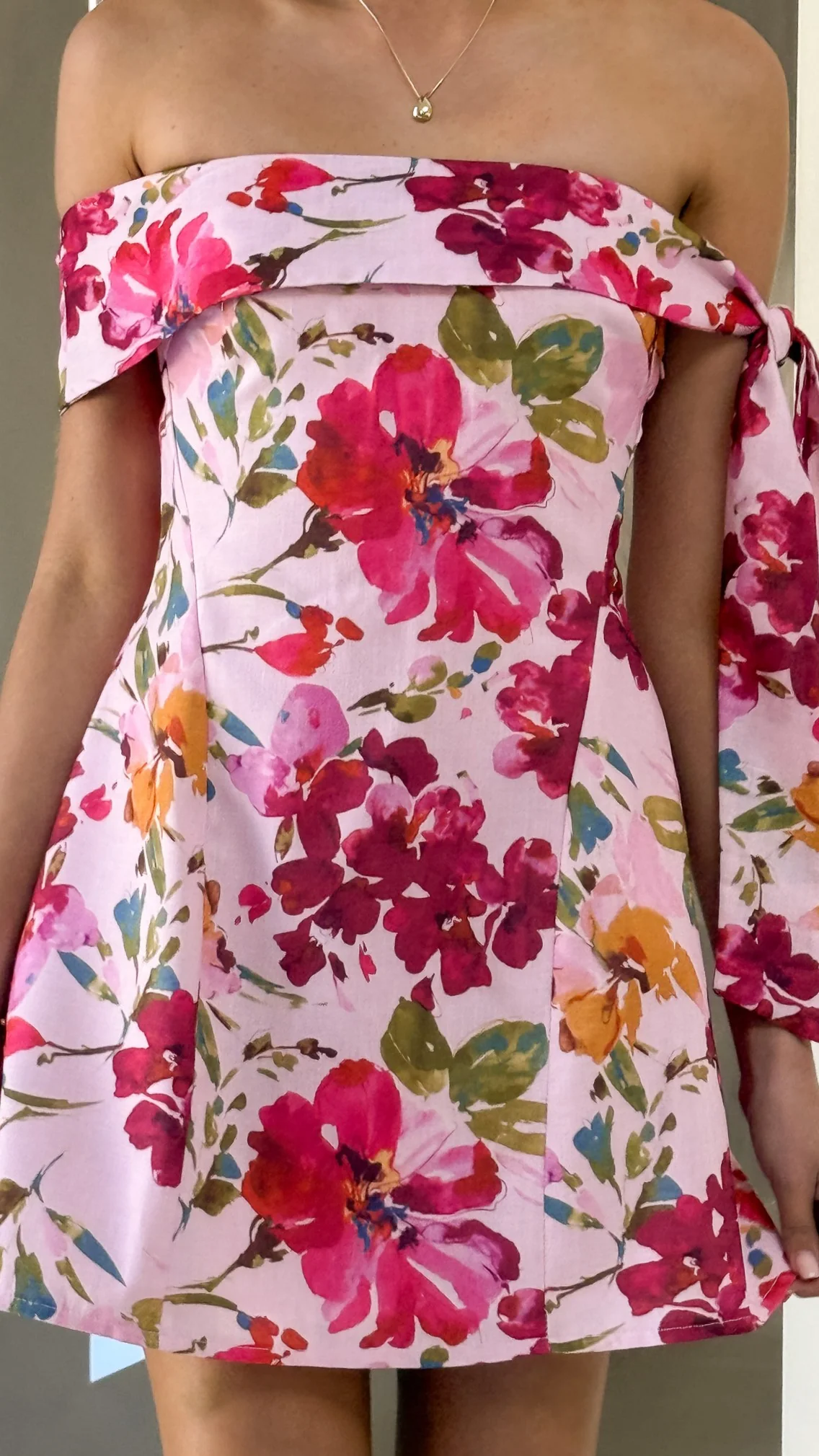 Halen Off Shoulder Mini Dress - Pink Floral