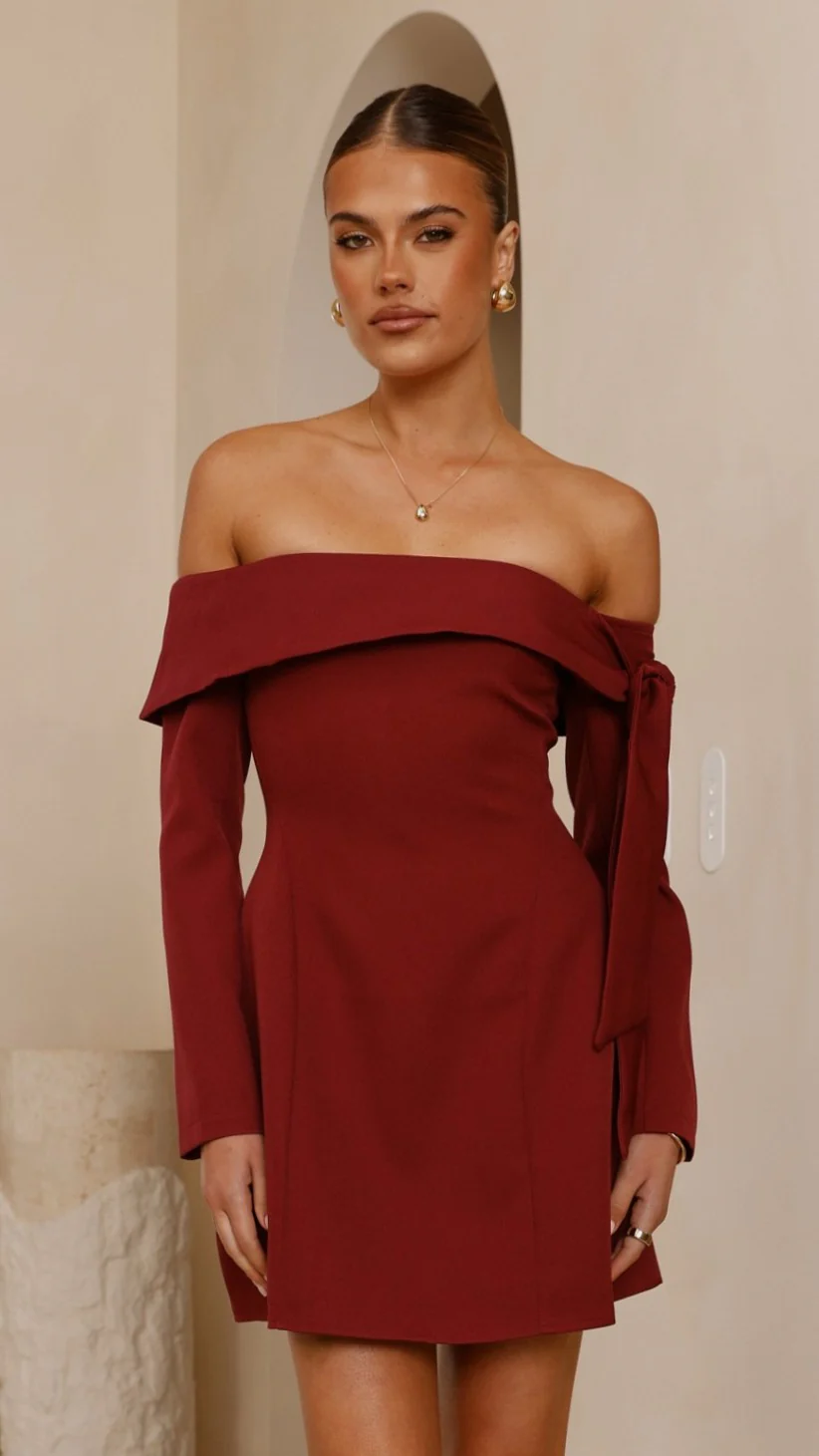 Halen Long Sleeve Mini Dress - Wine