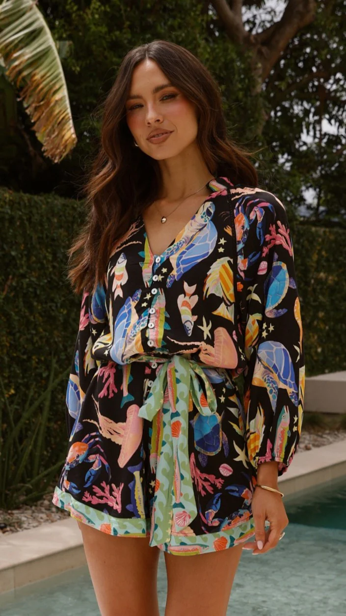 Felicita Tie Waist Playsuit - Black / Multi Print