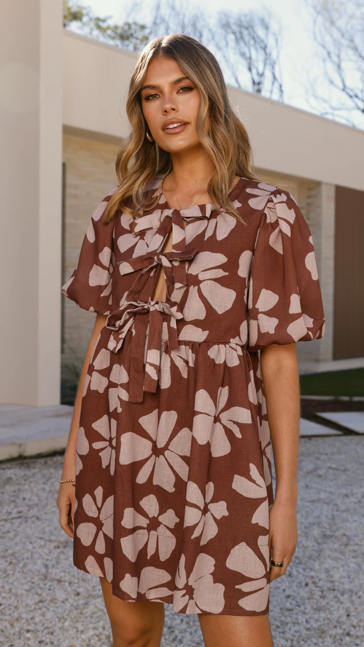 Arana Mini Dress - Brown Daylillies