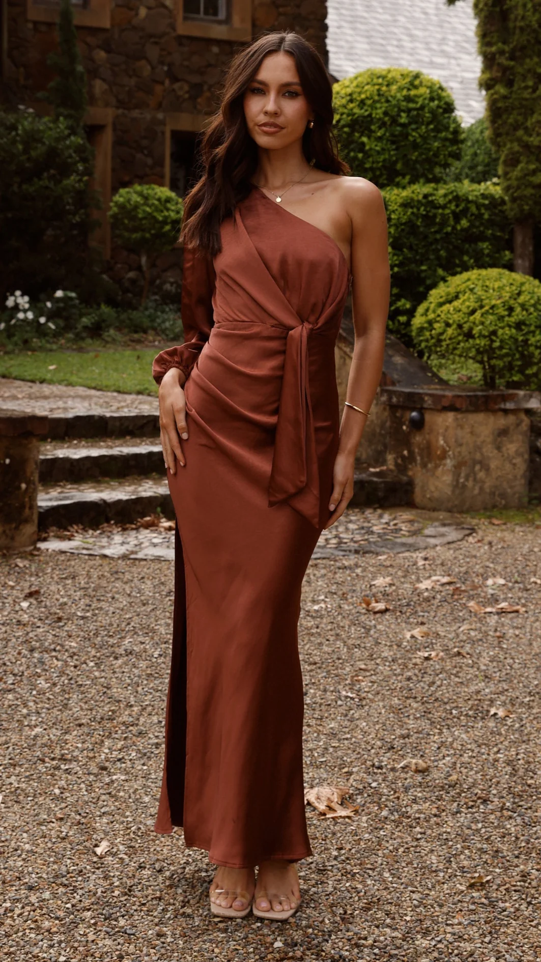 Eden One Shoulder Tie Front Maxi Dress - Rust