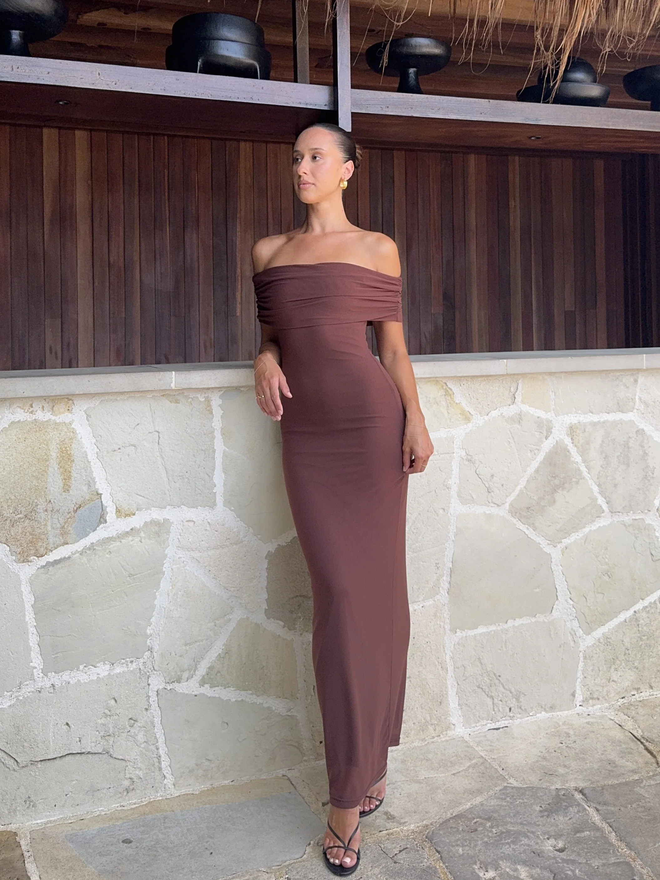 Darcey Off Shoulder Maxi Dress - Brown