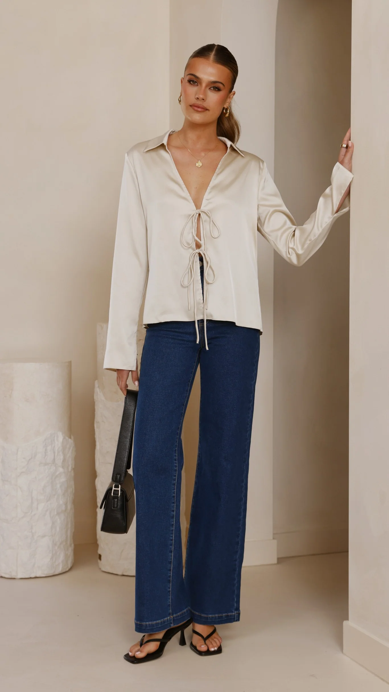 Darielle Tie Front Long Sleeve Top - Champagne