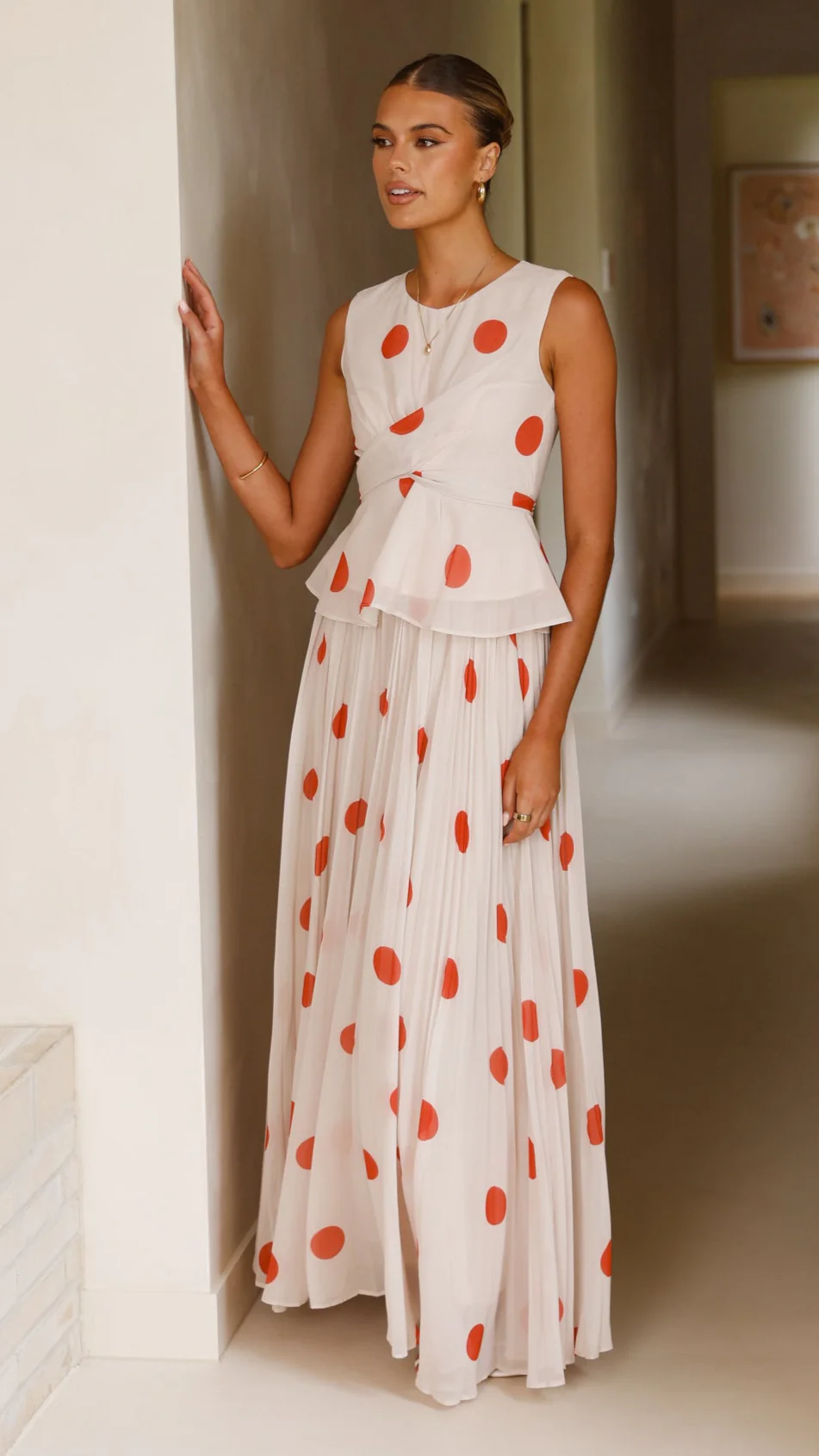 Cambree Peplum Top and Maxi Skirt Set - Beige / Red Polka Dot