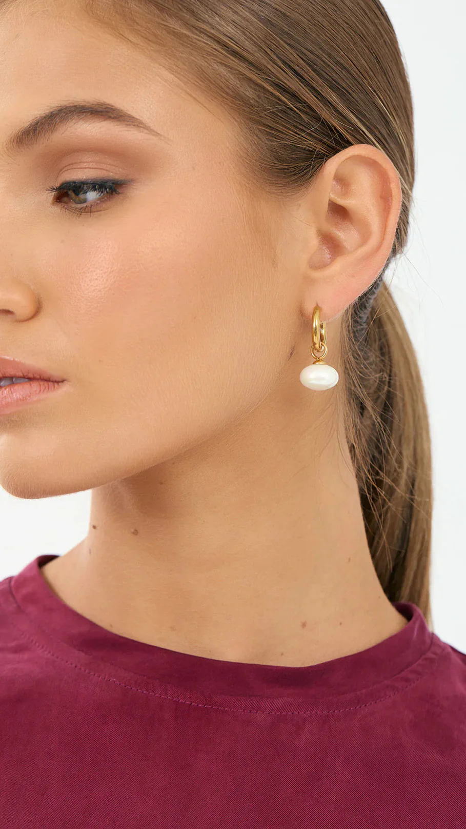 Dropped Pearl Mini Hoop Earrings - Gold