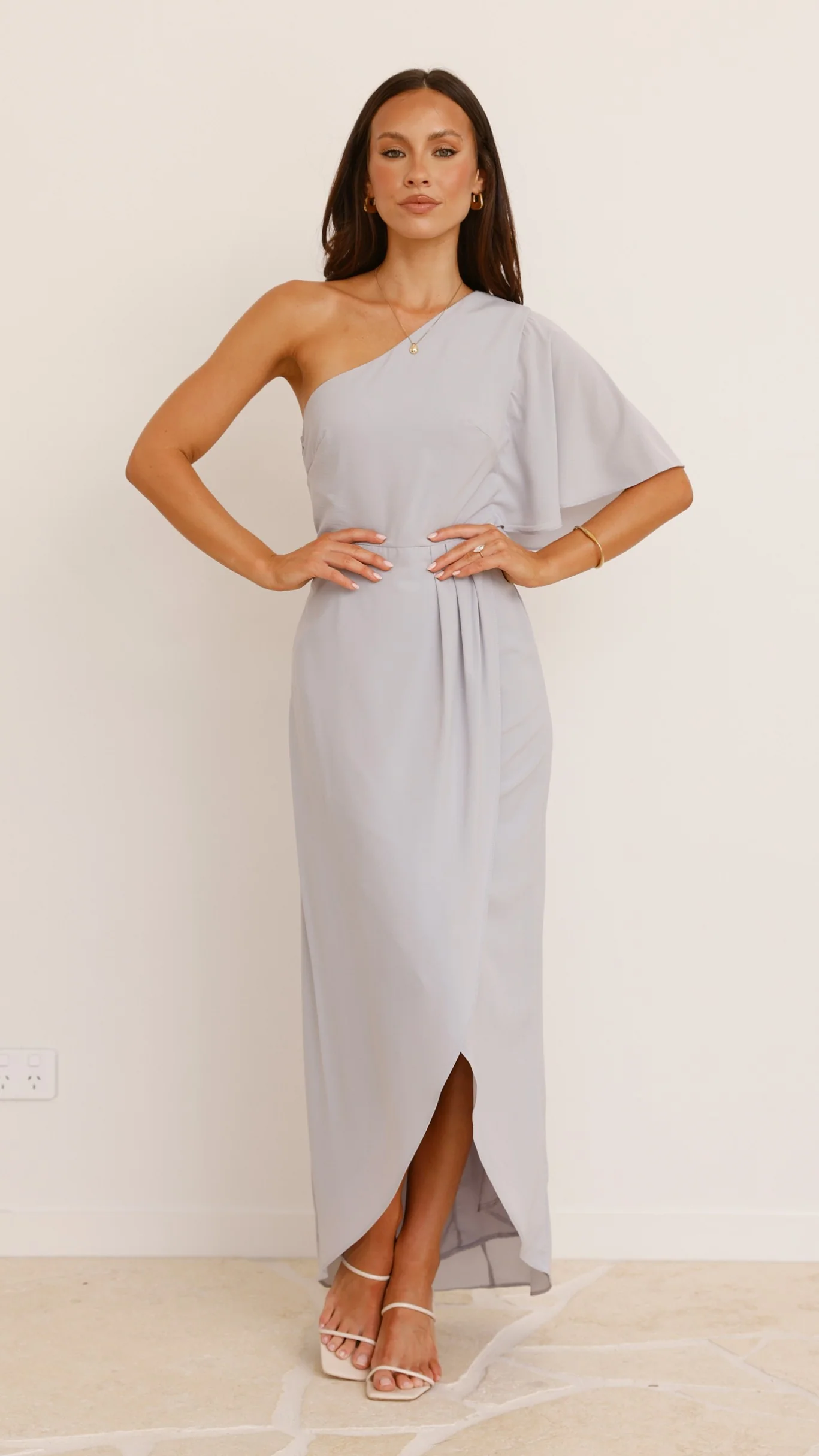 Emma One Sleeve Maxi Dress - Silver