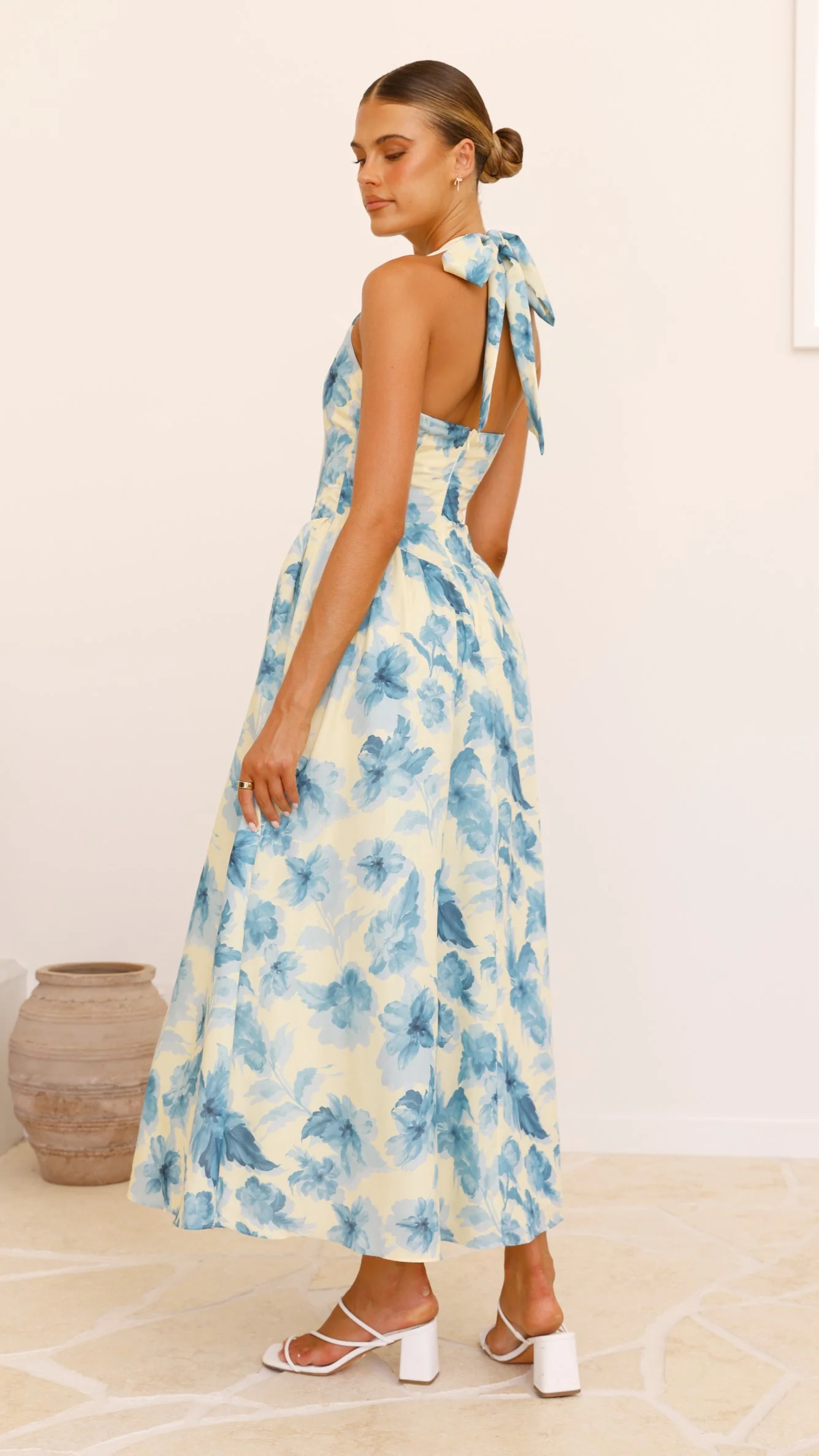Bryony Halter Neck Maxi Dress - Yellow/Blue Floral