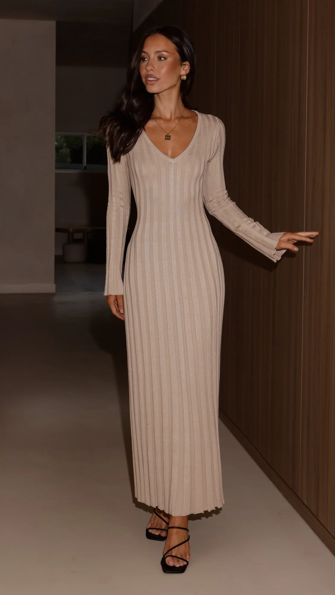 Cyra Long Sleeve Maxi Dress - Beige