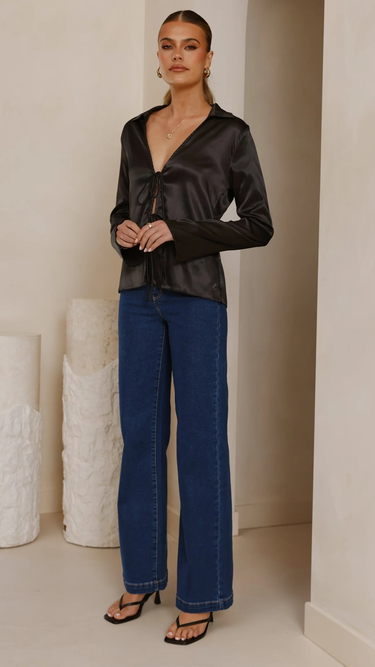 Darielle Tie Front Long Sleeve Top - Black