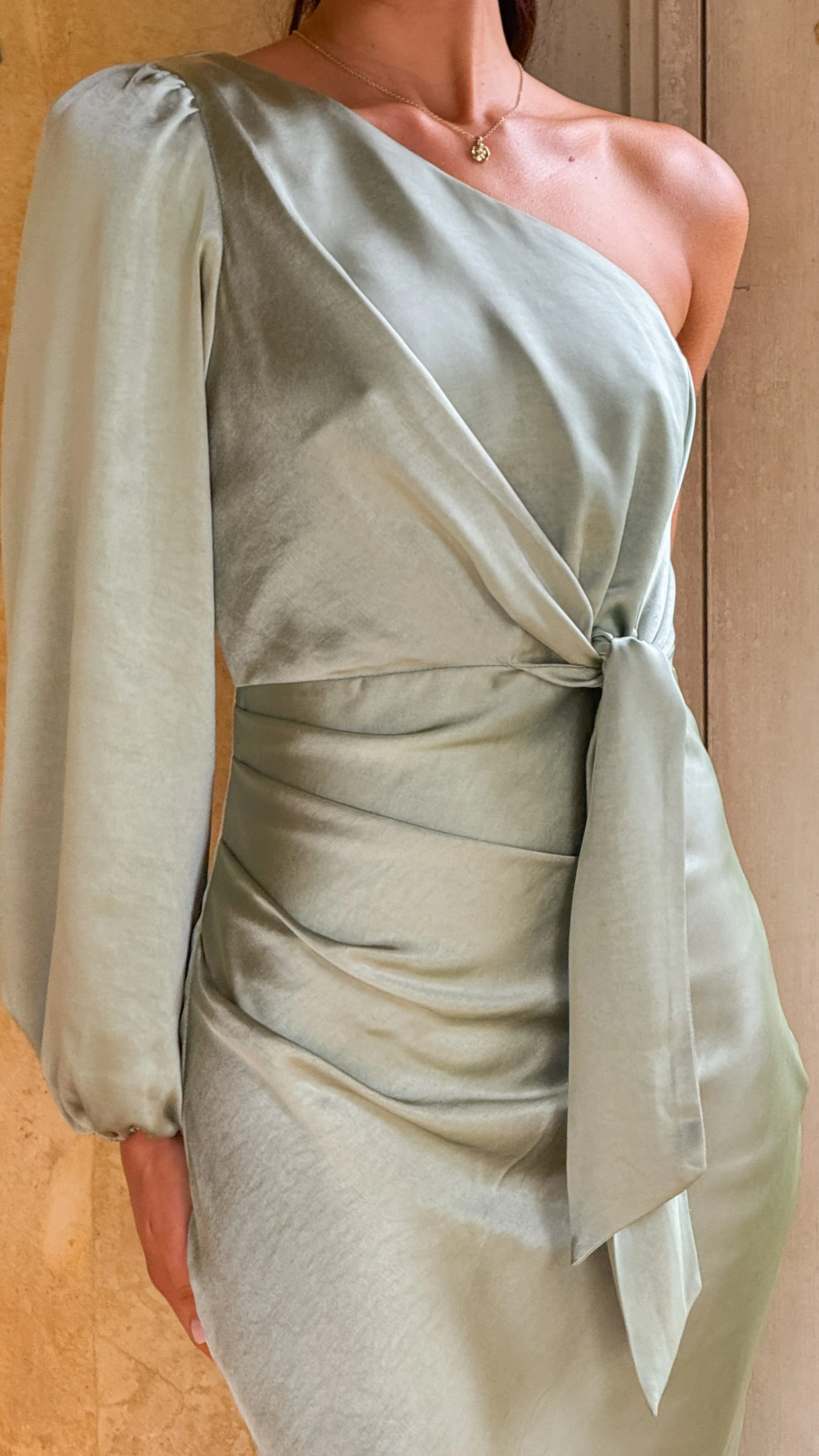 Eden One Shoulder Tie Front Maxi Dress - Sage