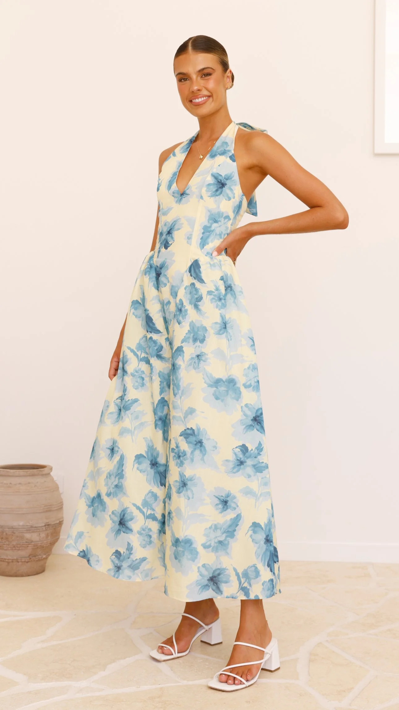 Bryony Halter Neck Maxi Dress - Yellow/Blue Floral