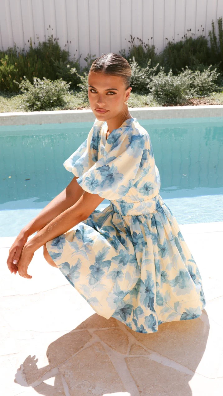 Erin Mini Dress - Yellow / Blue Floral