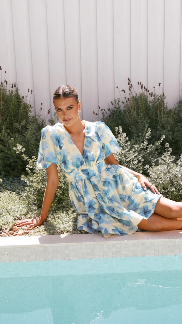 Erin Mini Dress - Yellow / Blue Floral