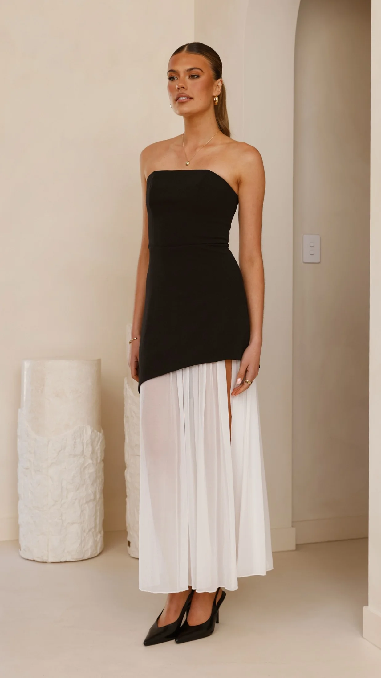 Fenella Asymmetrical Maxi Dress - Black / White