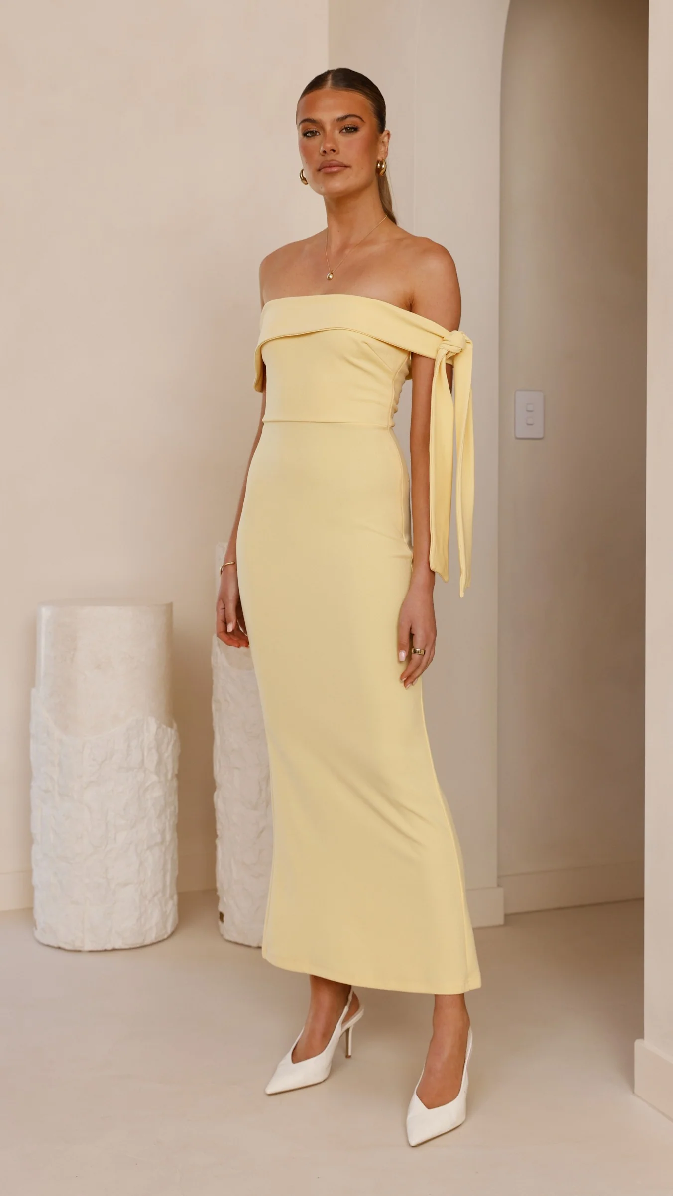 Halen Off Shoulder Midi Dress - Lemon