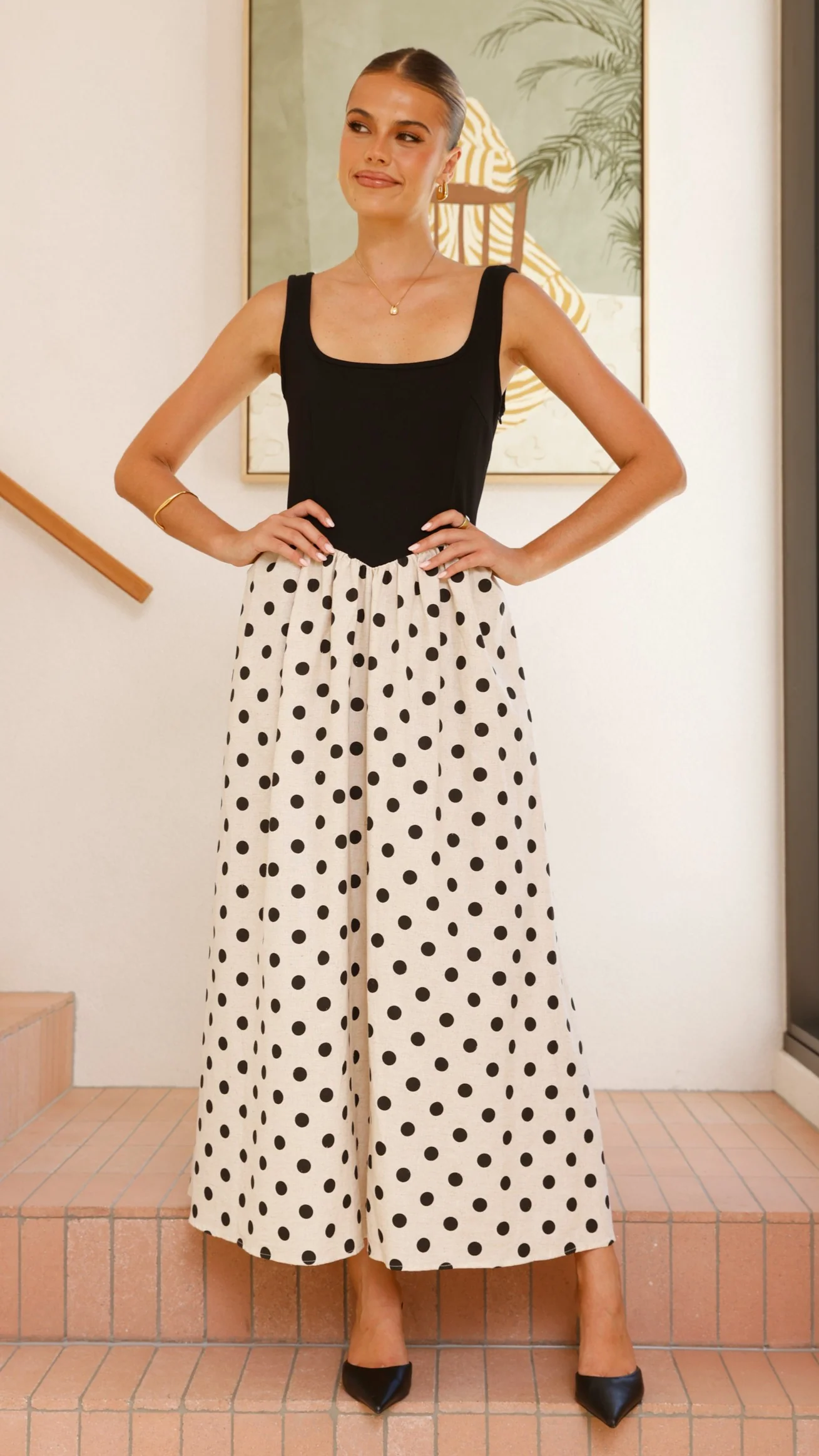 Leoni Maxi Dress - Oat/Black Spot