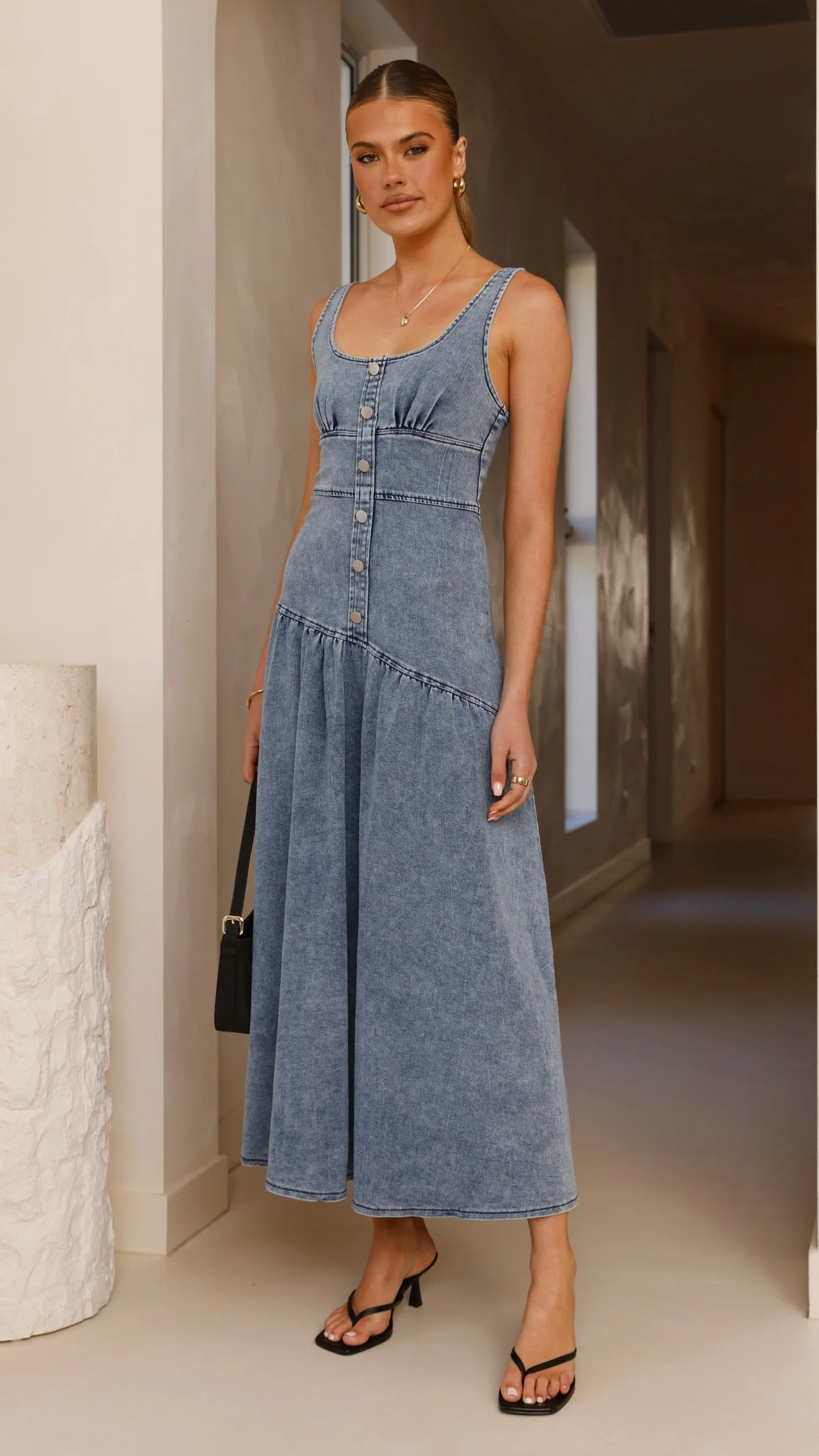 Generosa Button Front Maxi Dress - Mid Blue Denim