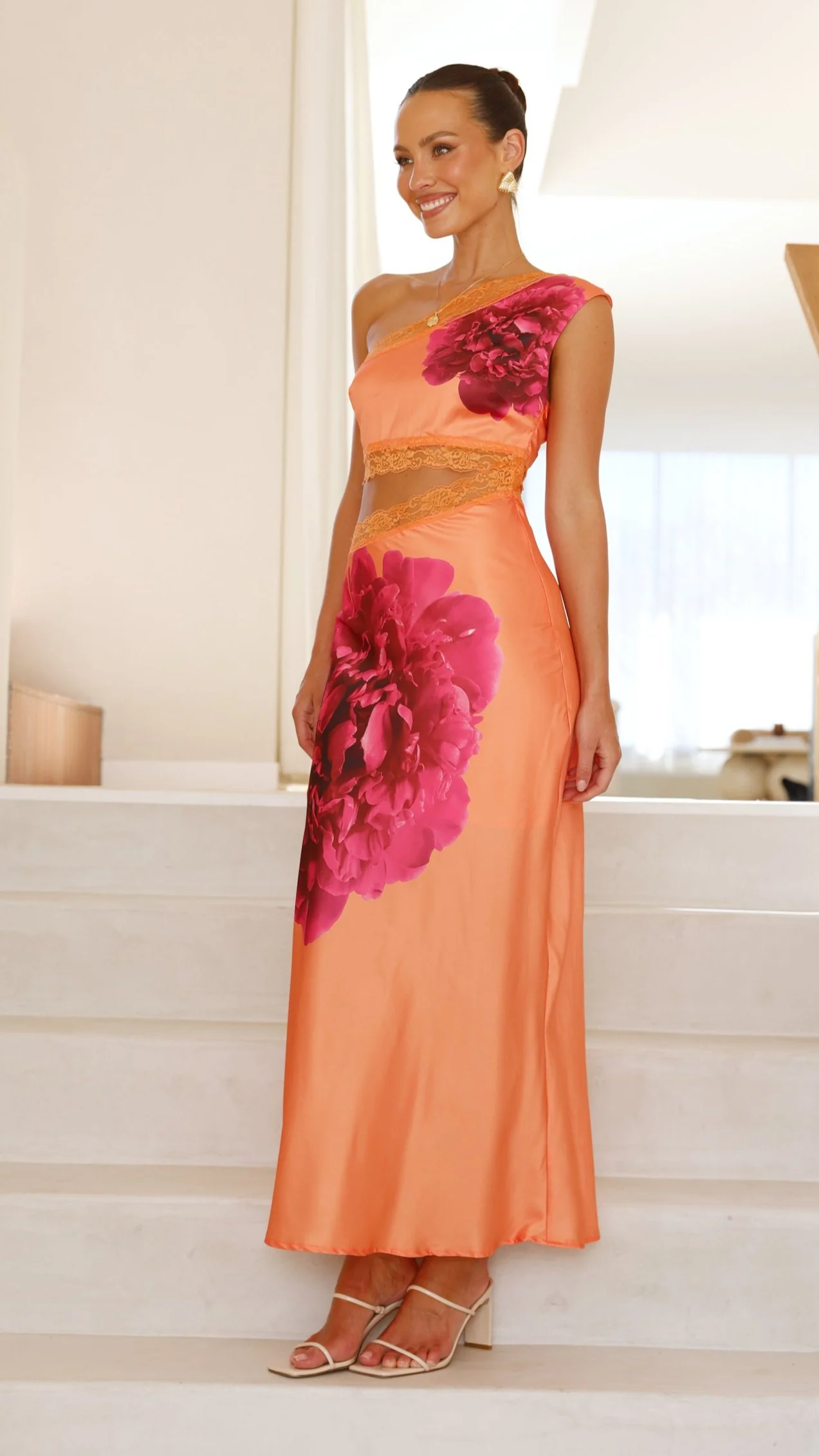 Emily One Shoulder Maxi Dress - Orange / Pink
