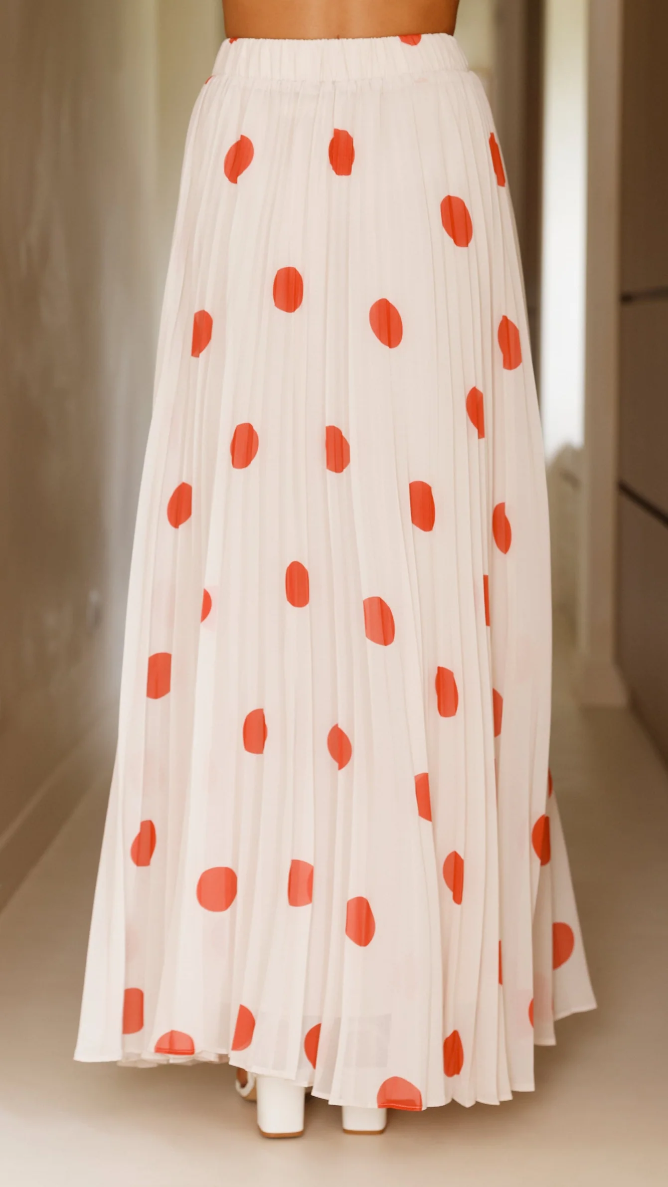 Cambree Peplum Top and Maxi Skirt Set - Beige / Red Polka Dot