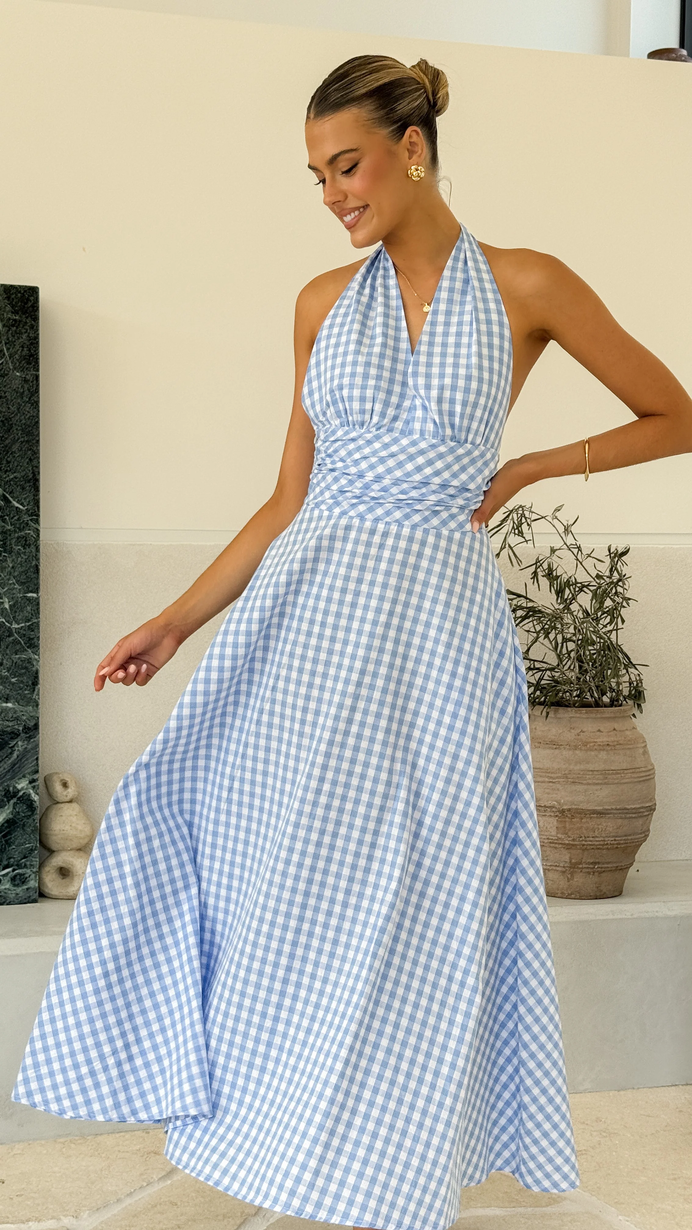 Brydie Halter Maxi Dress - Gingham Light Blue