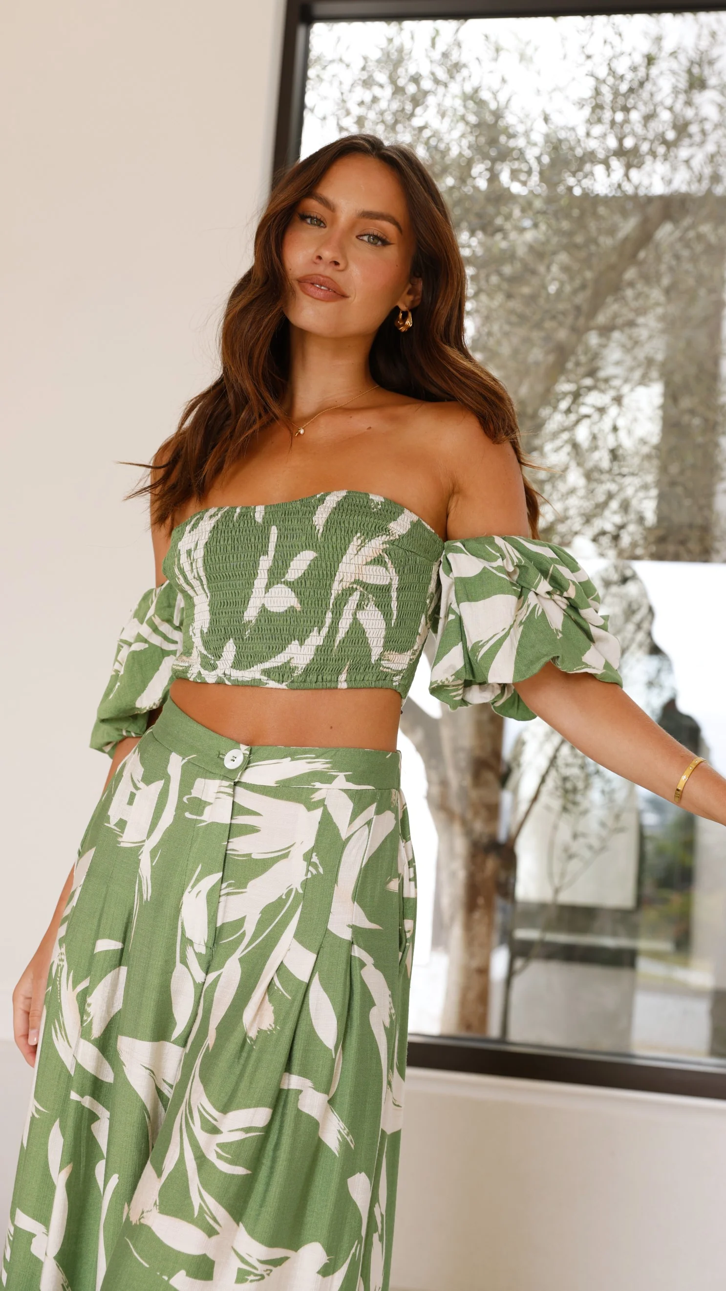 Callison Crop Top and Pants Set - Green Print
