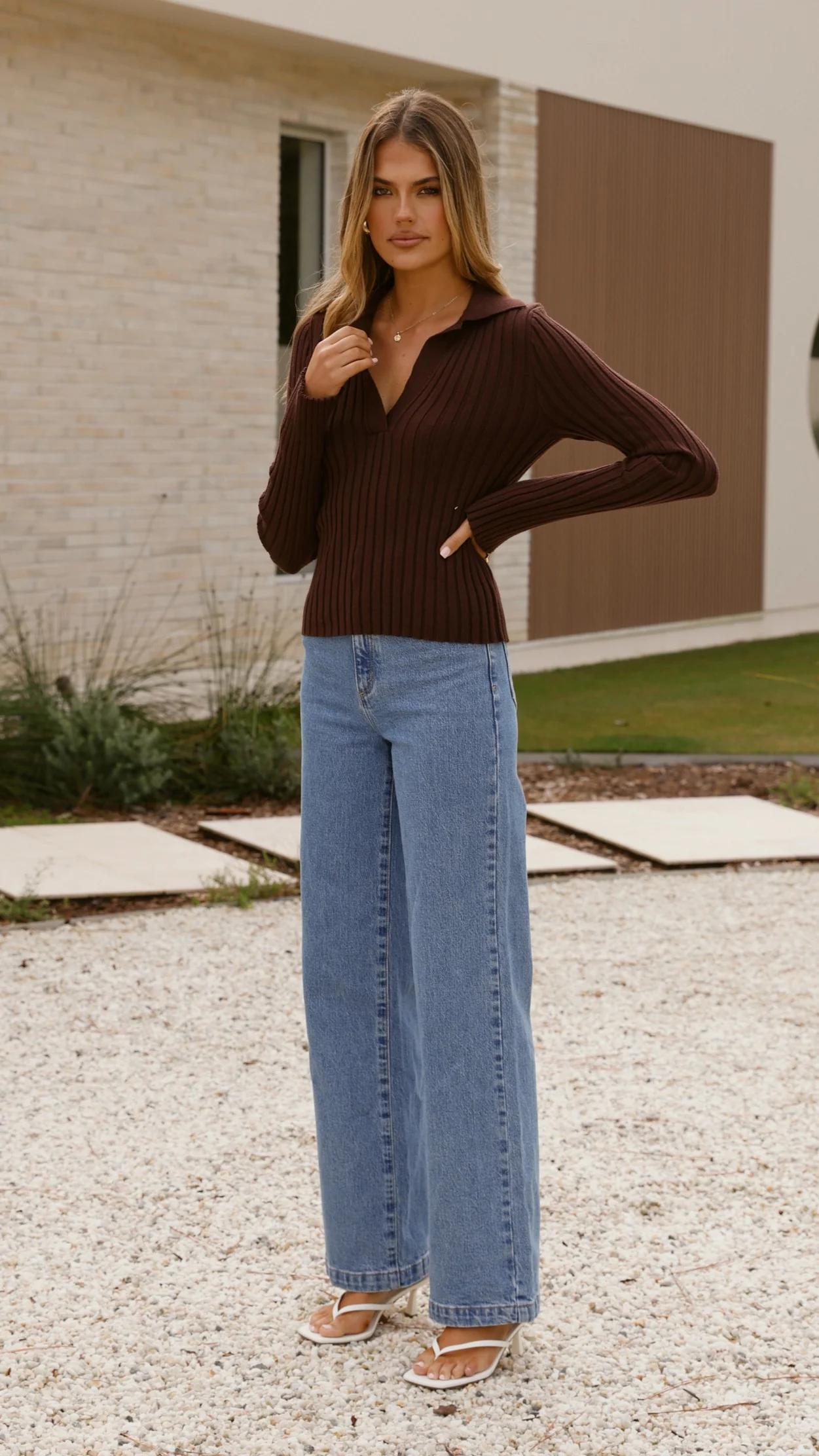 Corbin Collared Knit Top - Brown