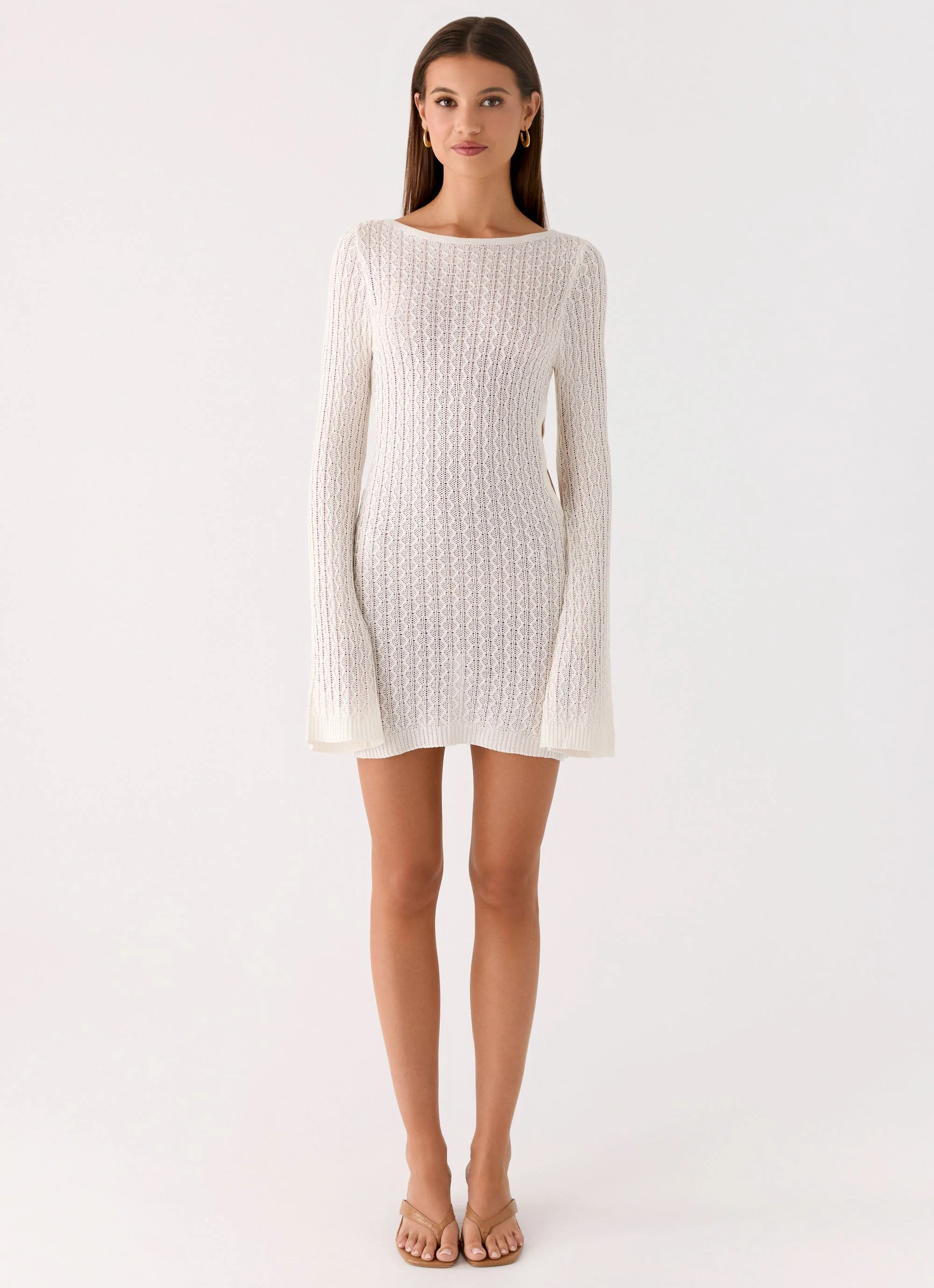 Zenzi Long Sleeve Crochet Mini Dress - White