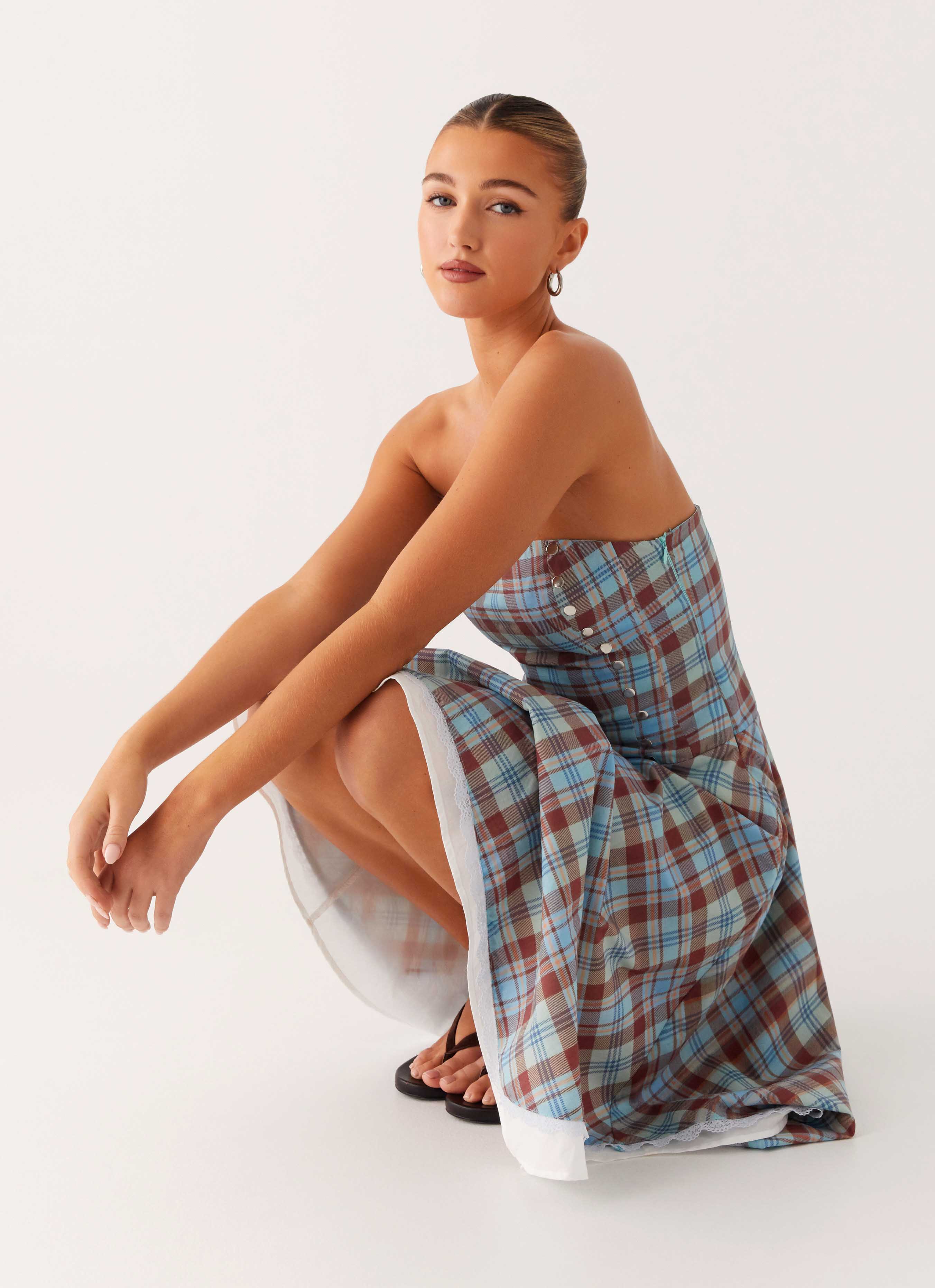 Tonie Strapless Midi Dress - Shoreline Check
