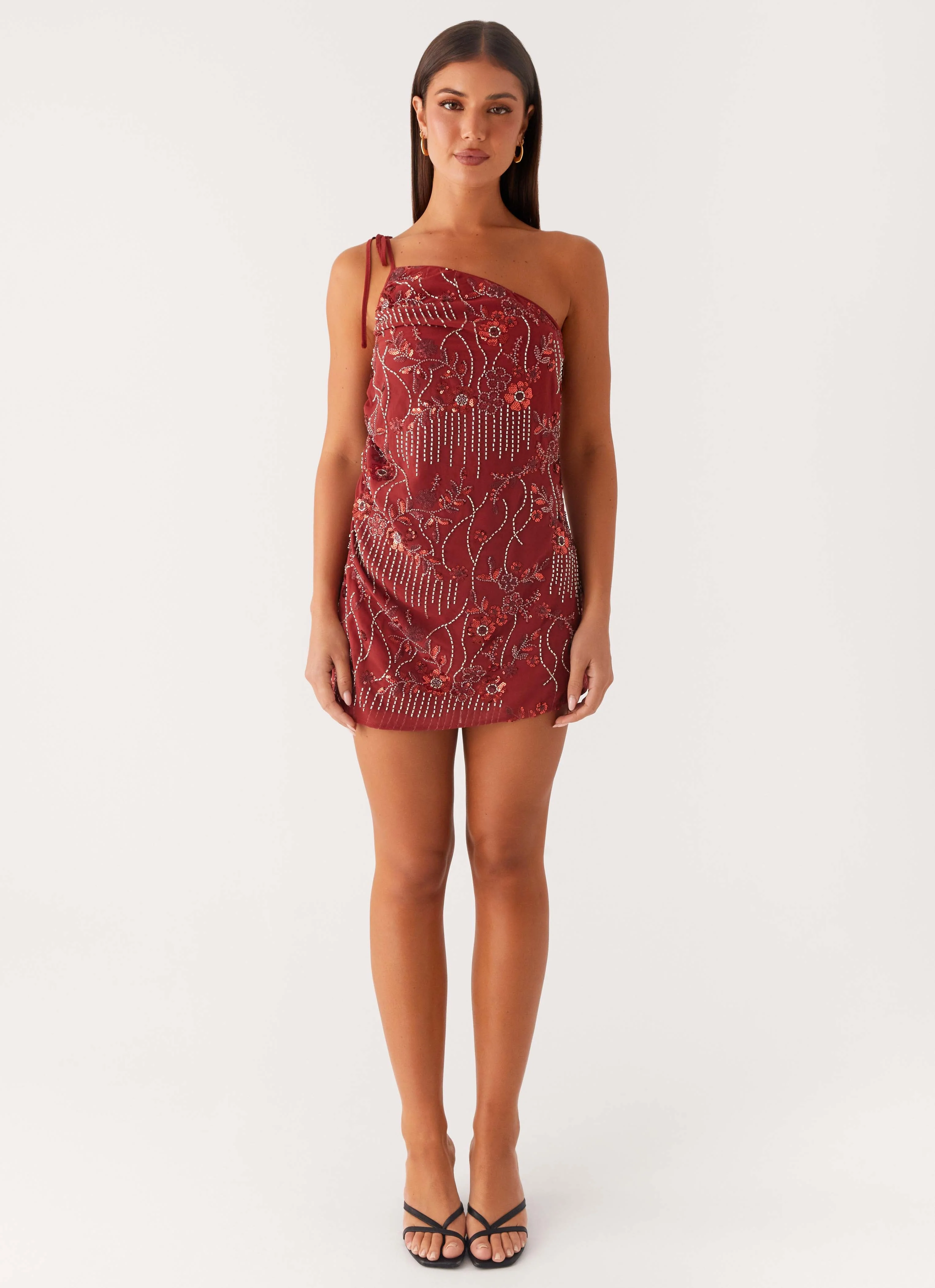 Temptational Beaded One Shoulder Mini Dress - Rust