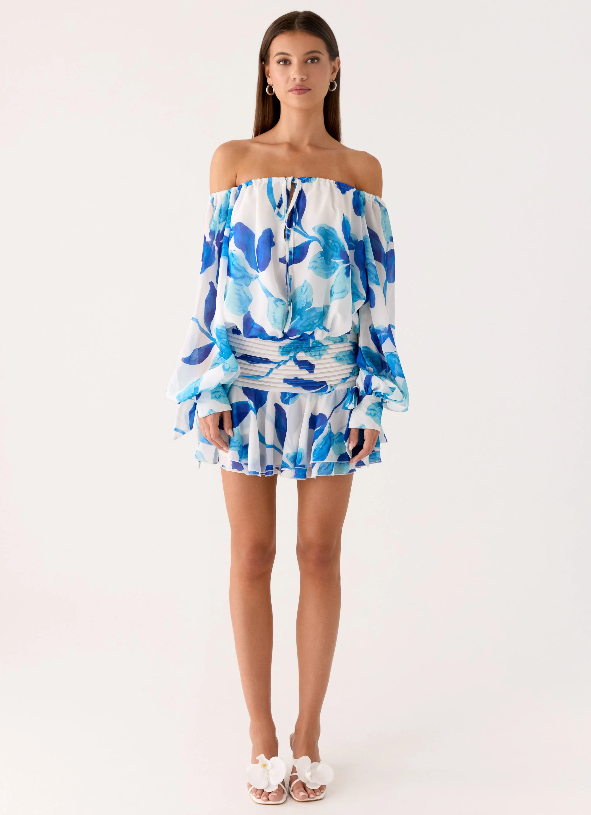 Eira Balloon Sleeve Mini Dress - Cerulean Bloom