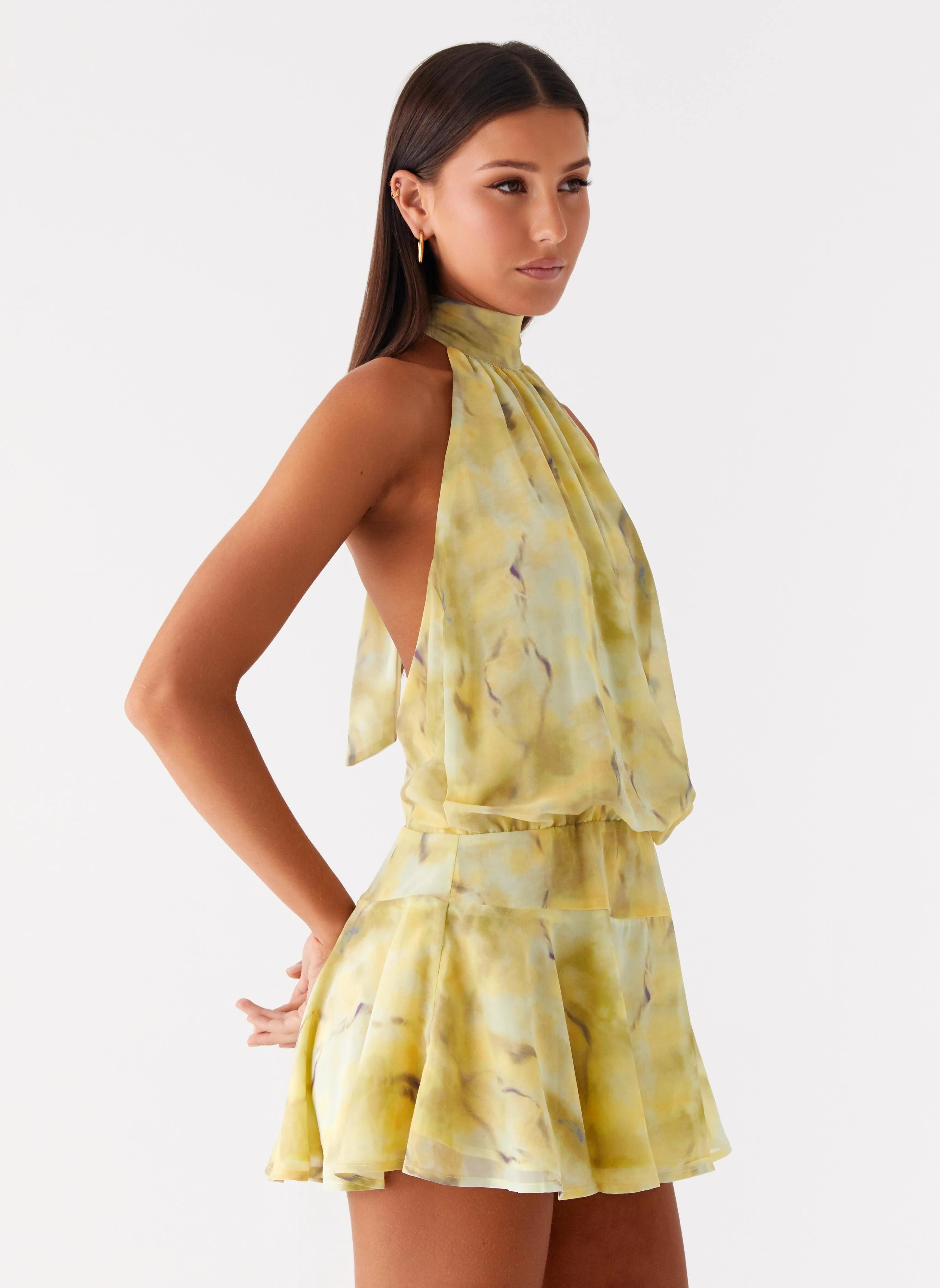 First Date Halter Mini Dress - Yellow Tie Dye