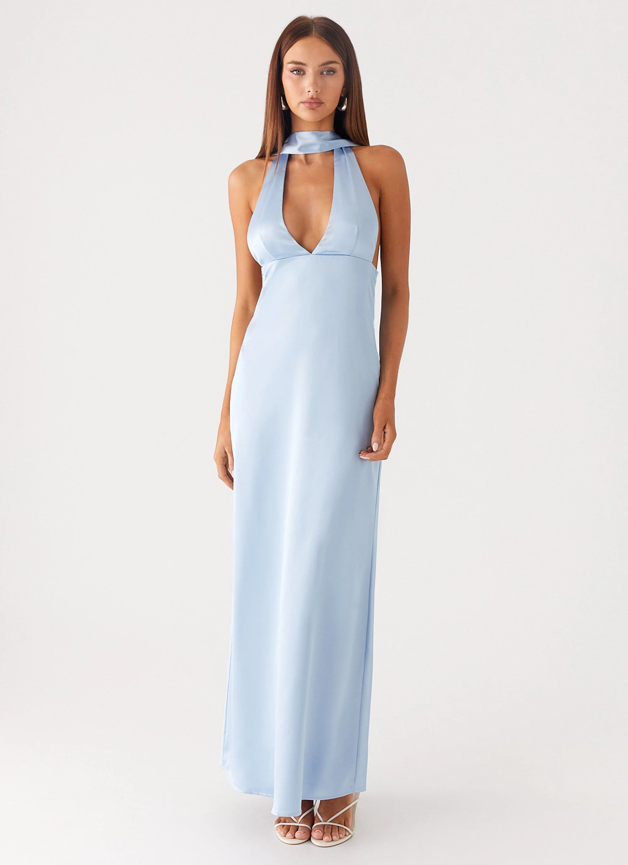 Alicia Satin Halter Maxi Dress - Baby Blue