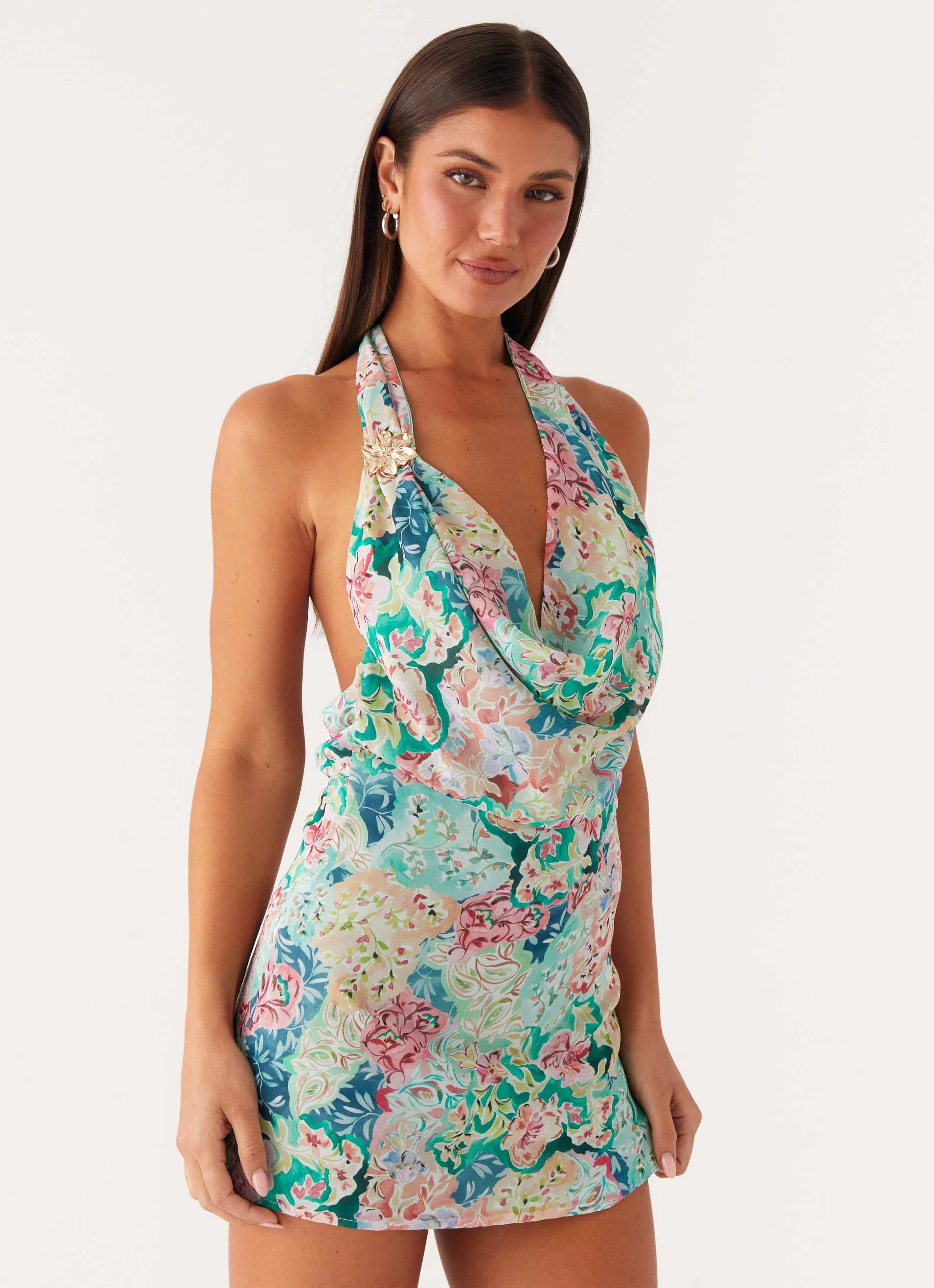 Laid-Back Cowl Mini Dress - Santorini Floral