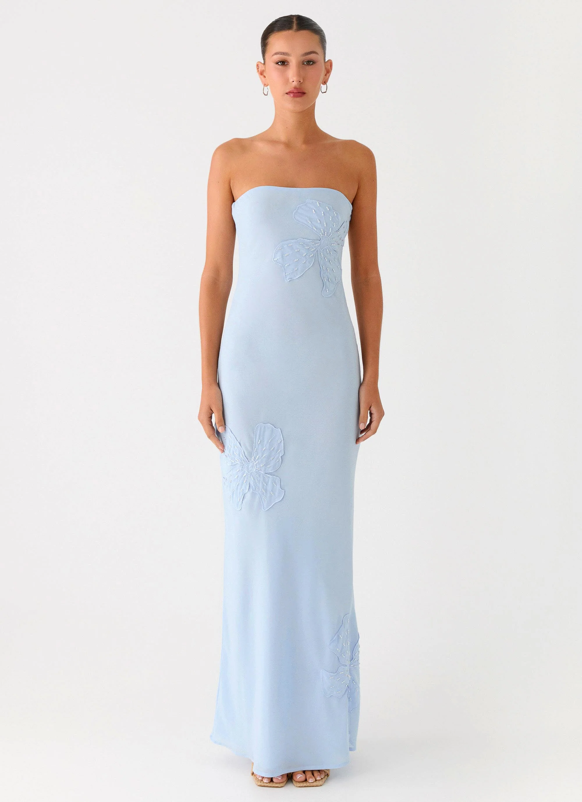 Sassafras Beaded Flower Strapless Maxi Dress - Blue