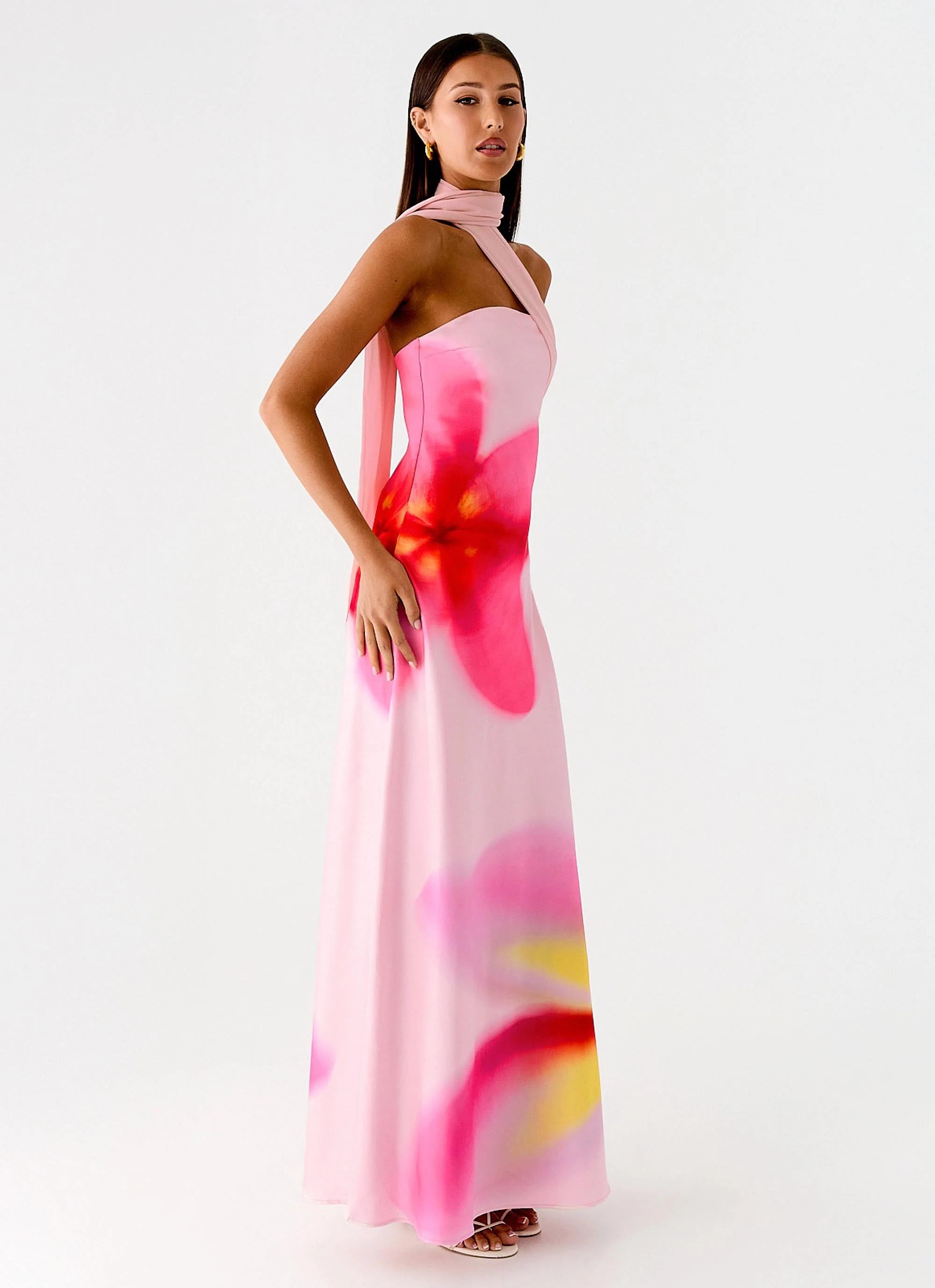 Isa Scarf Satin Maxi Dress - Frangipani Pink