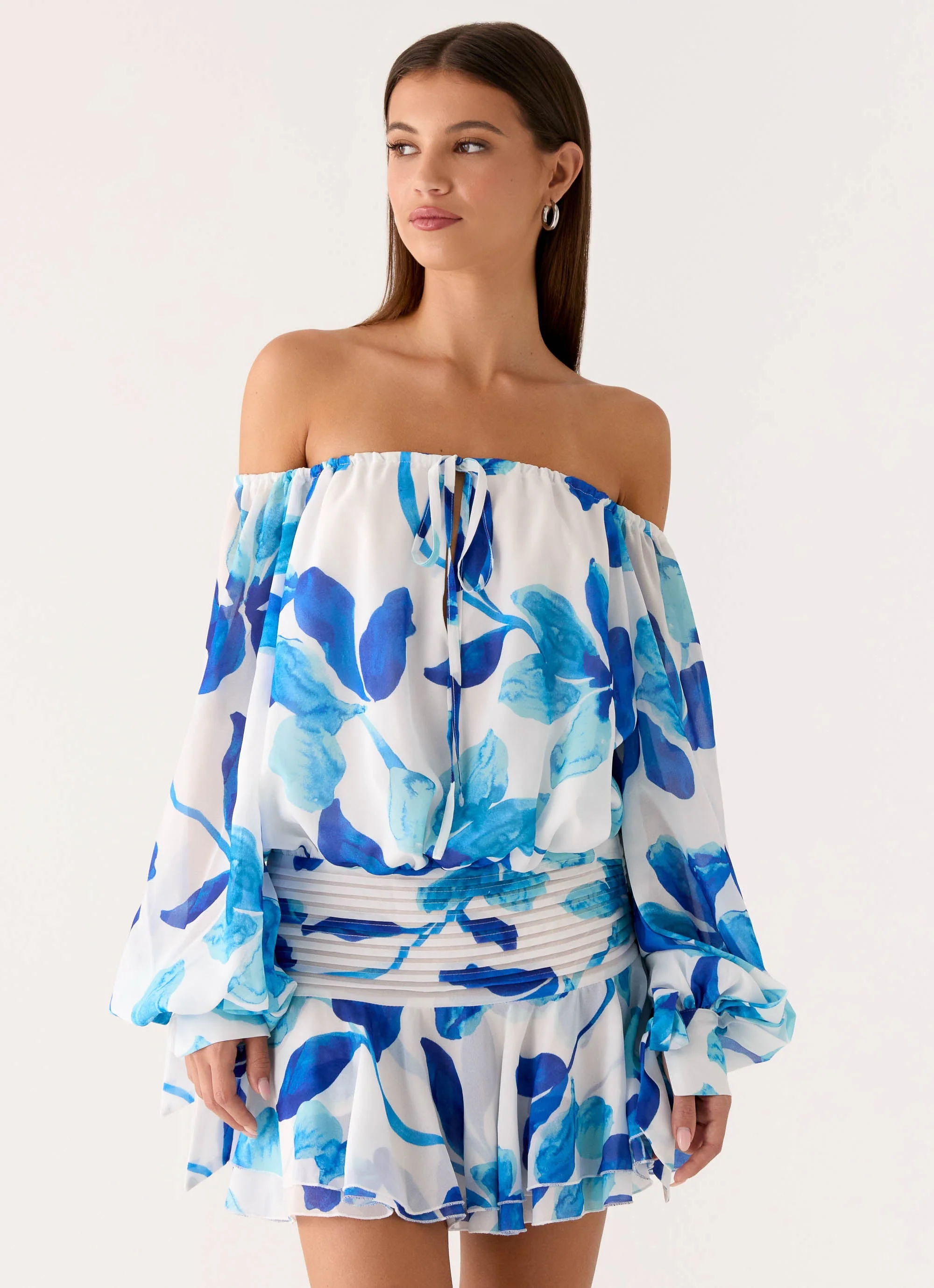 Eira Balloon Sleeve Mini Dress - Cerulean Bloom