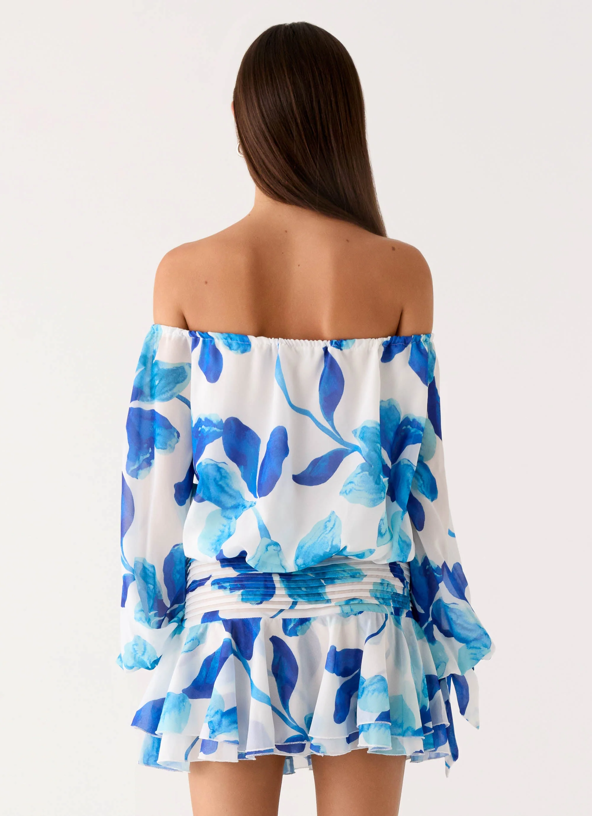 Eira Balloon Sleeve Mini Dress - Cerulean Bloom