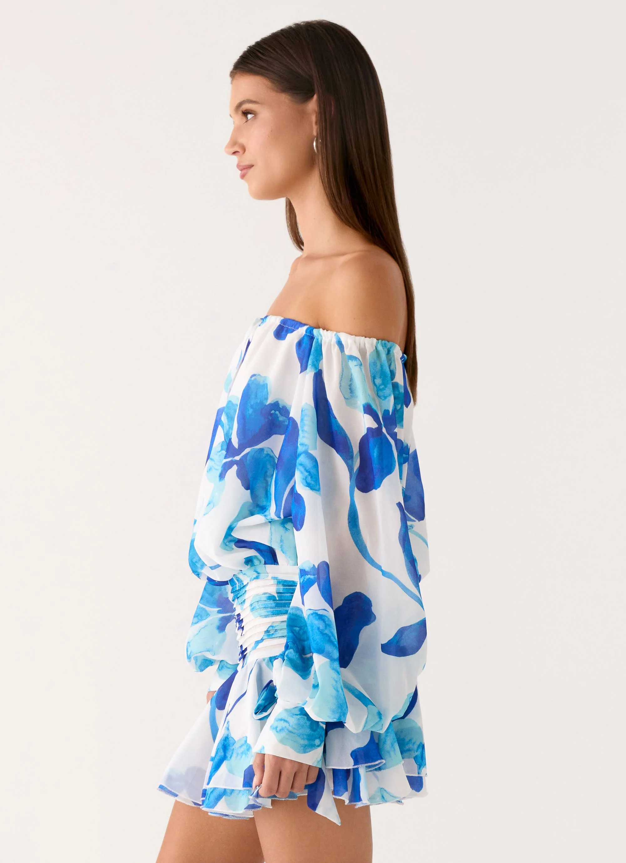 Eira Balloon Sleeve Mini Dress - Cerulean Bloom