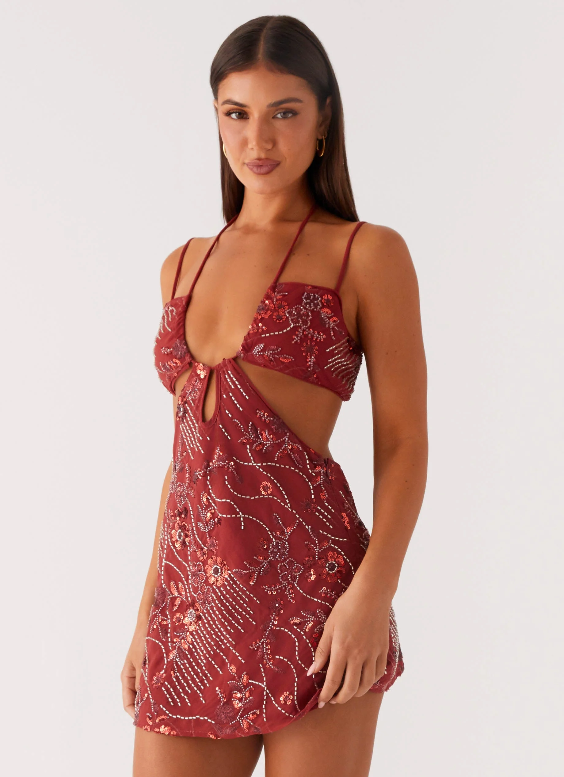 Sahara Nights Beaded Mini Dress - Rust