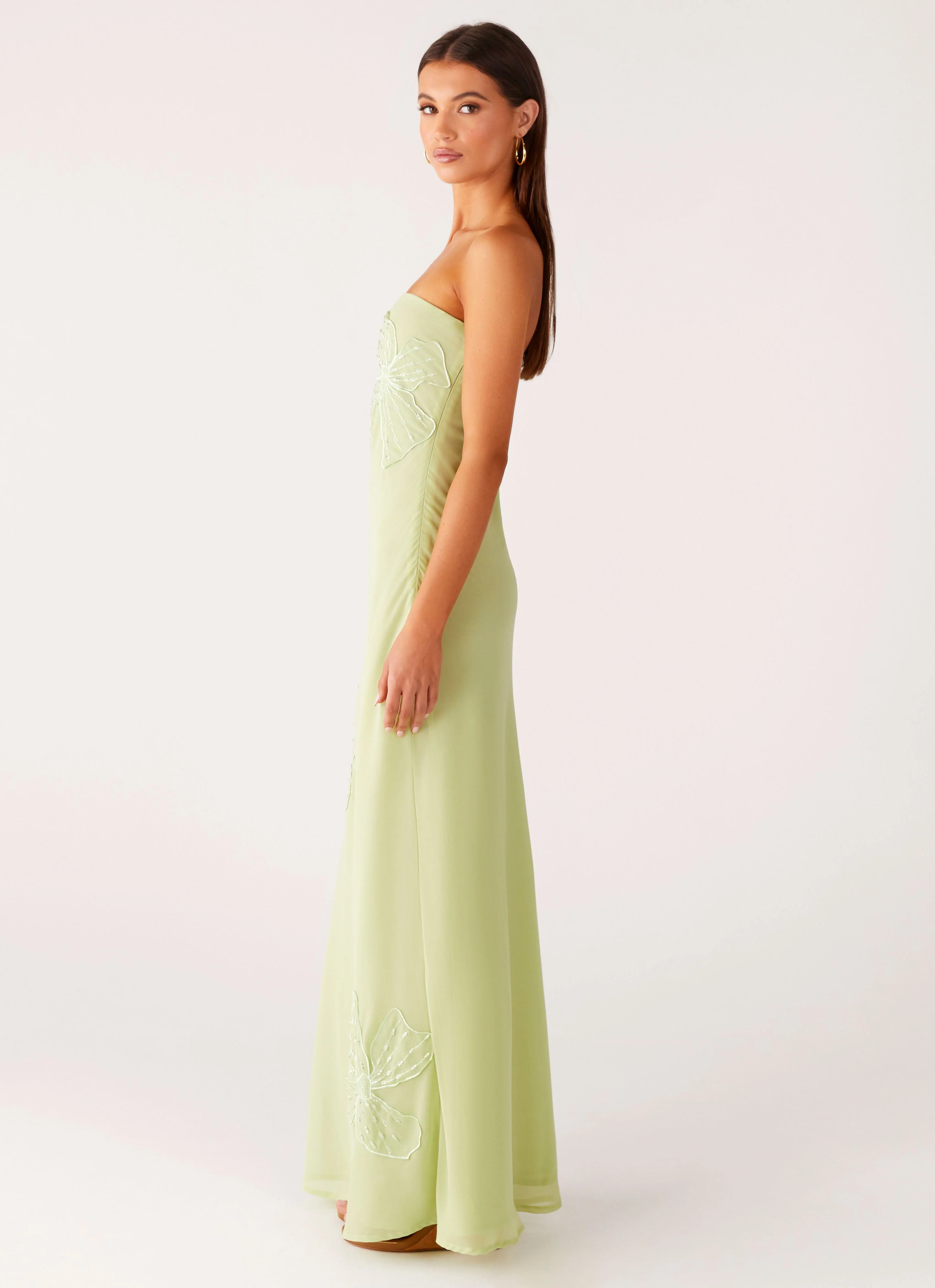Sassafras Beaded Flower Strapless Maxi Dress - Lime