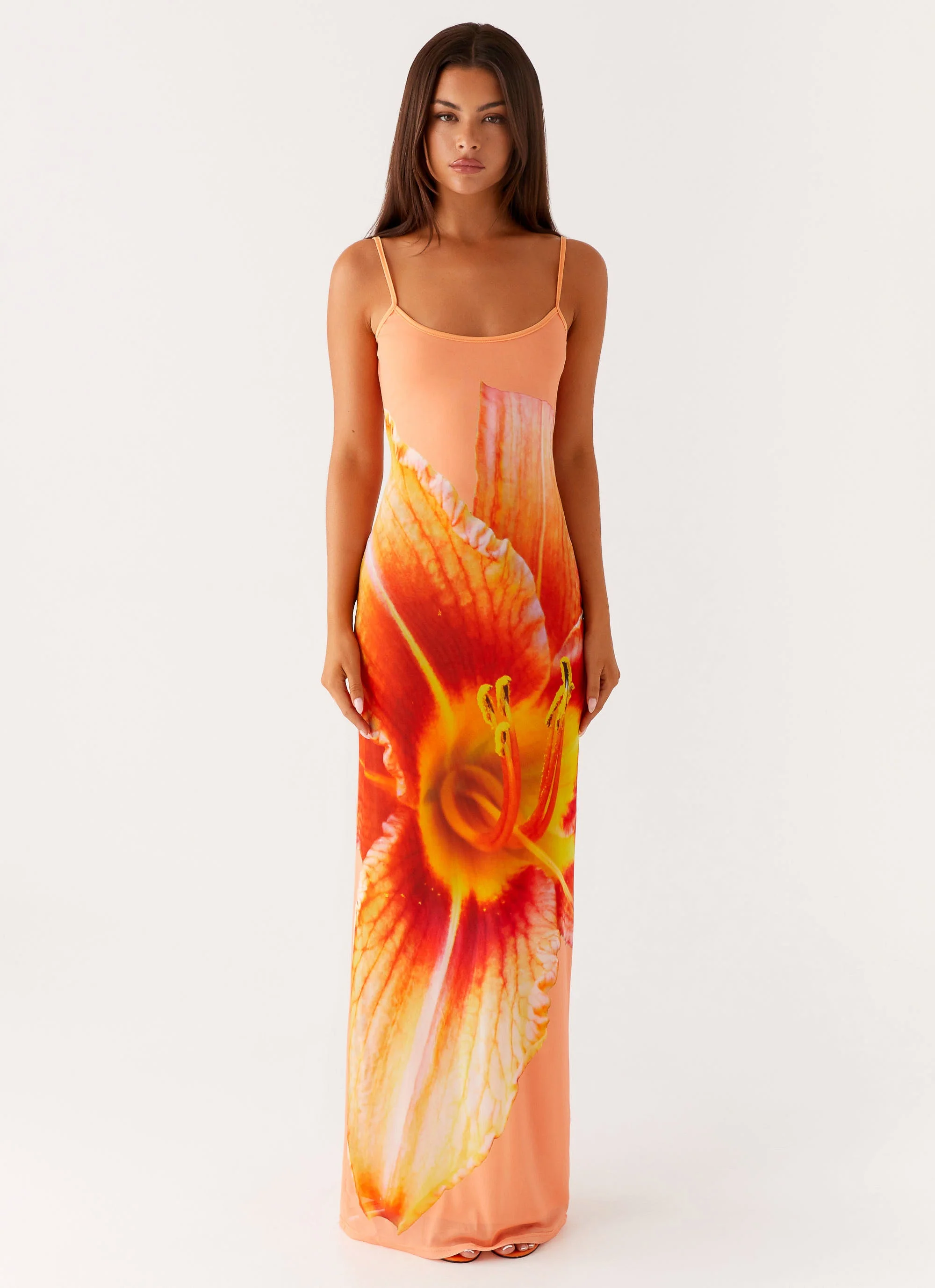 Bad News Mesh Maxi Dress - Orange Floral