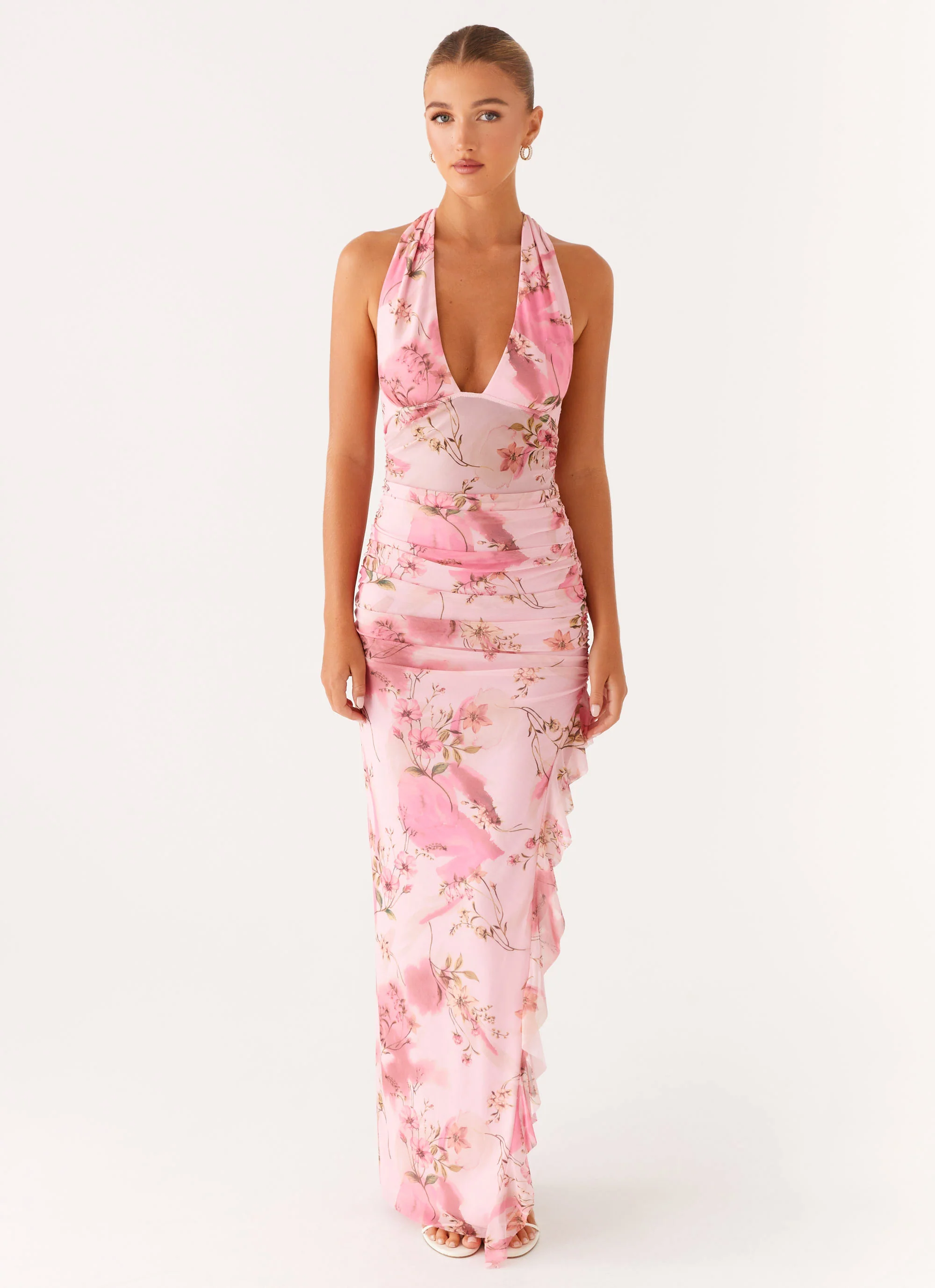 Micca Halter Maxi Dress - Pink Floral Print