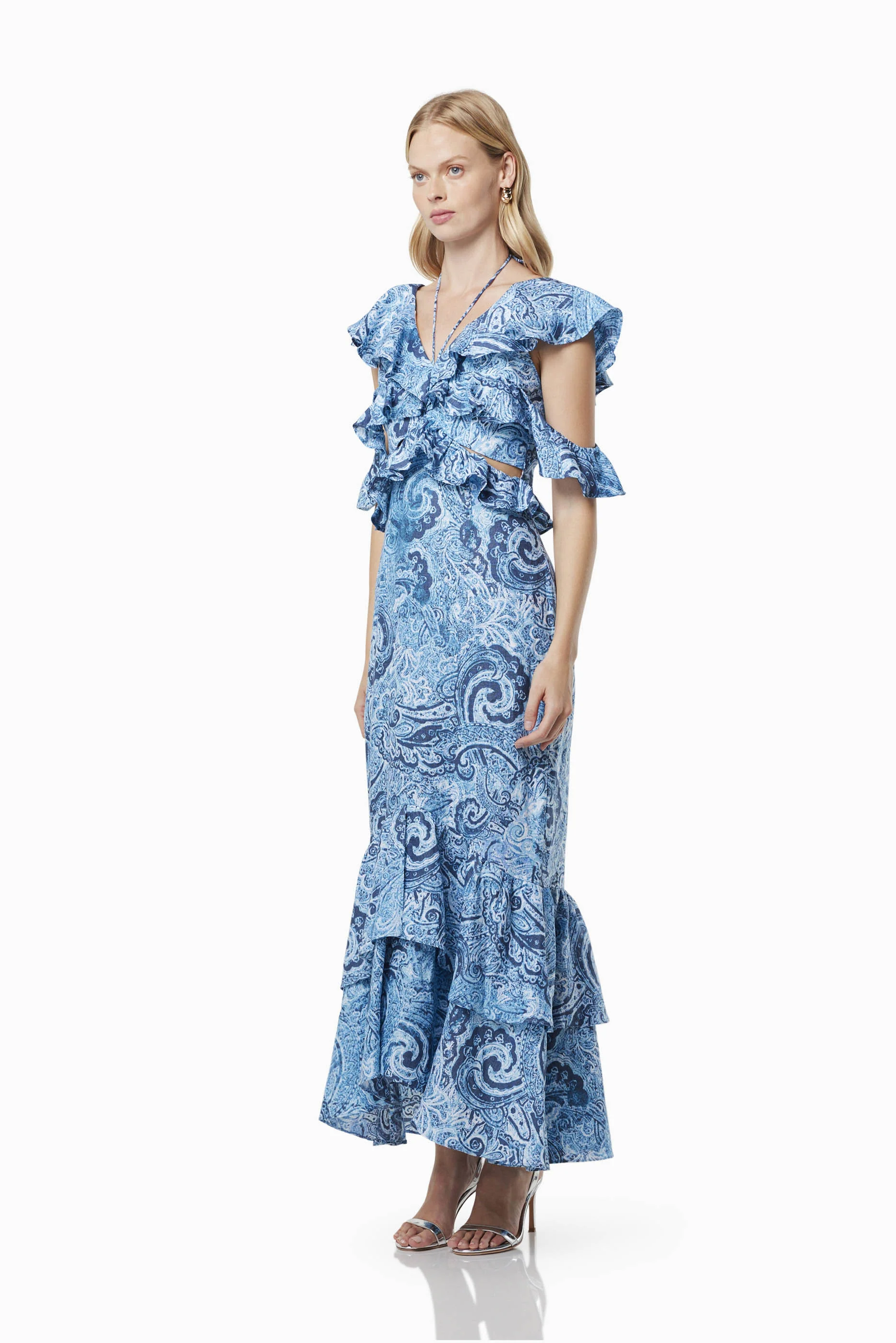 Snow Printed Linen Maxi Gown In Blue