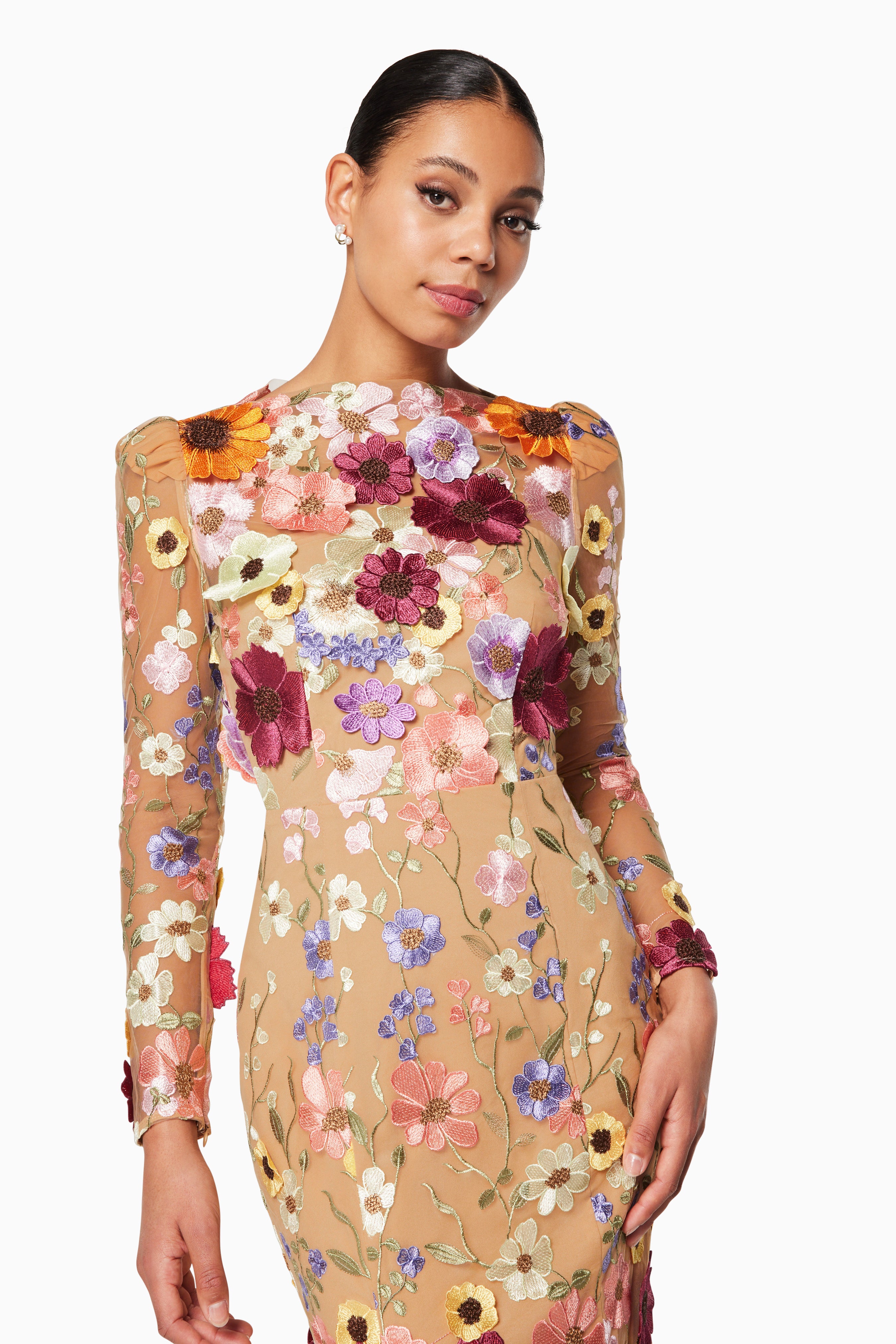 Shannon 3D Floral Midi Dress In Pink