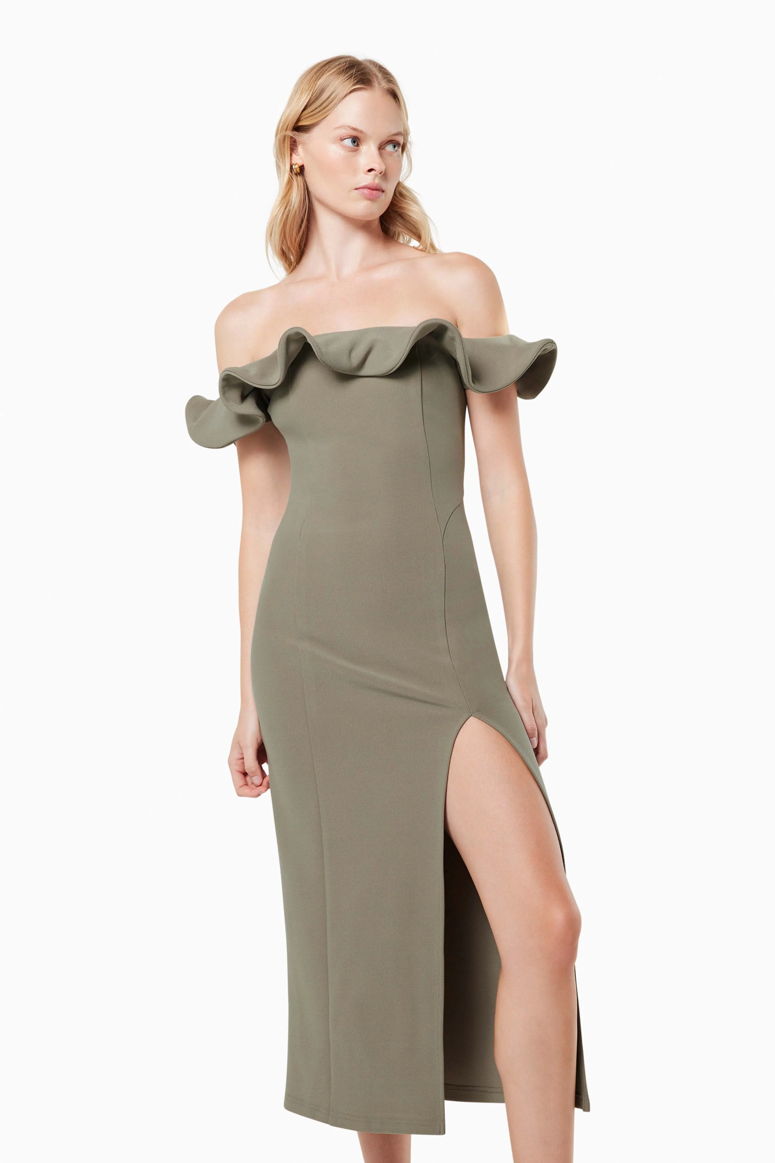 Dancehall Midi Off The Shoulder Midi Dress In Green