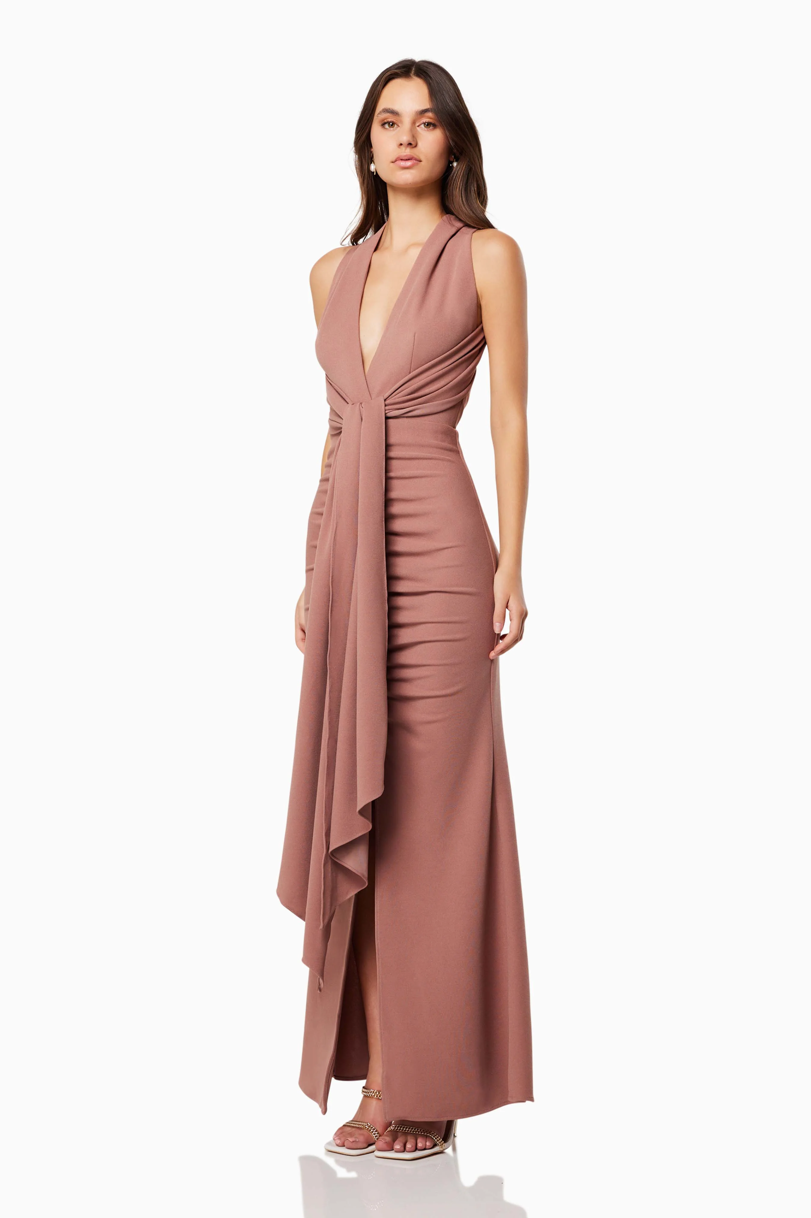 Zephyra Halterneck Midi Dress In Brown