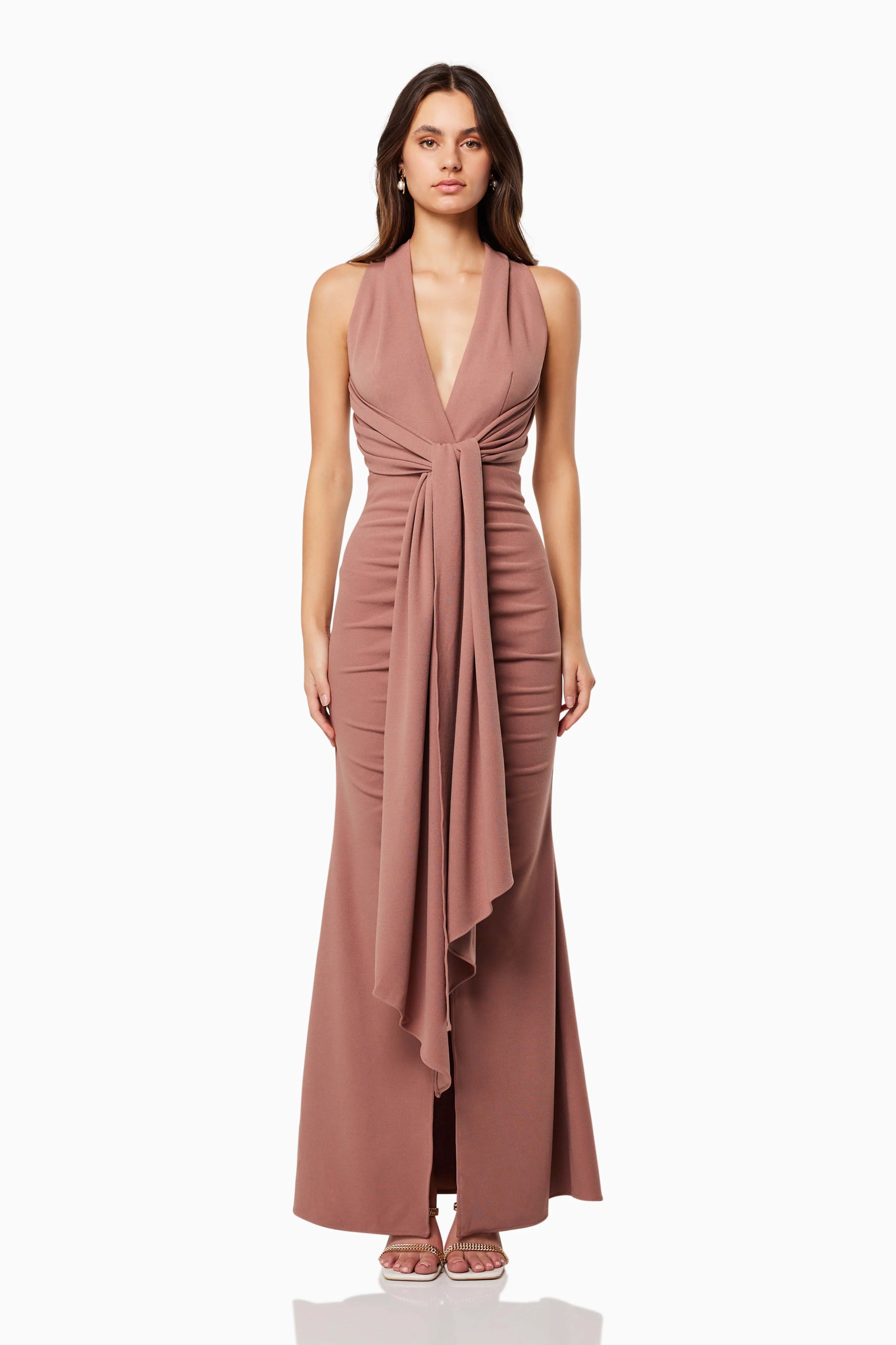 Zephyra Halterneck Midi Dress In Brown