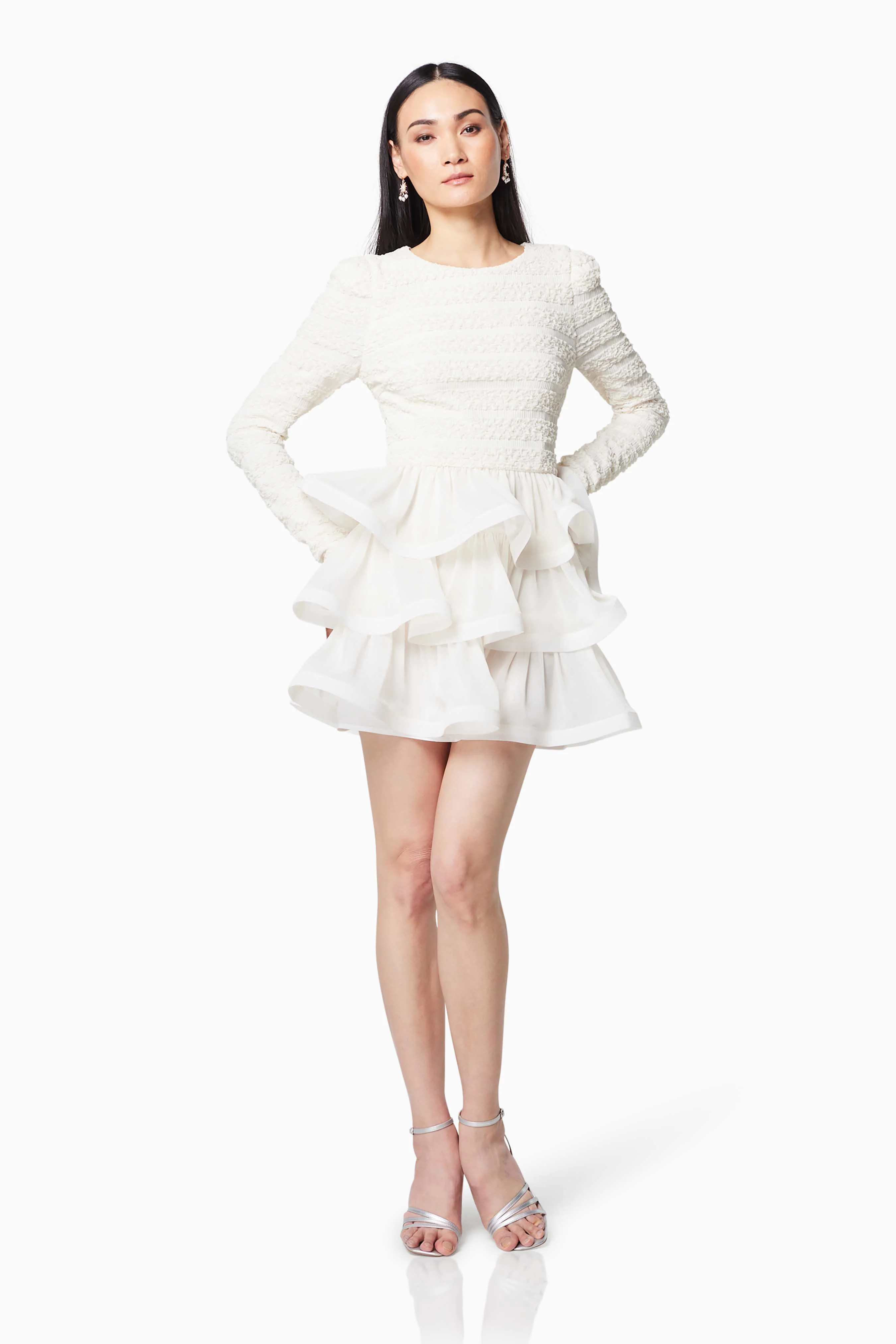Sophisticate Ruffled Long Sleeved Mini Dress In White