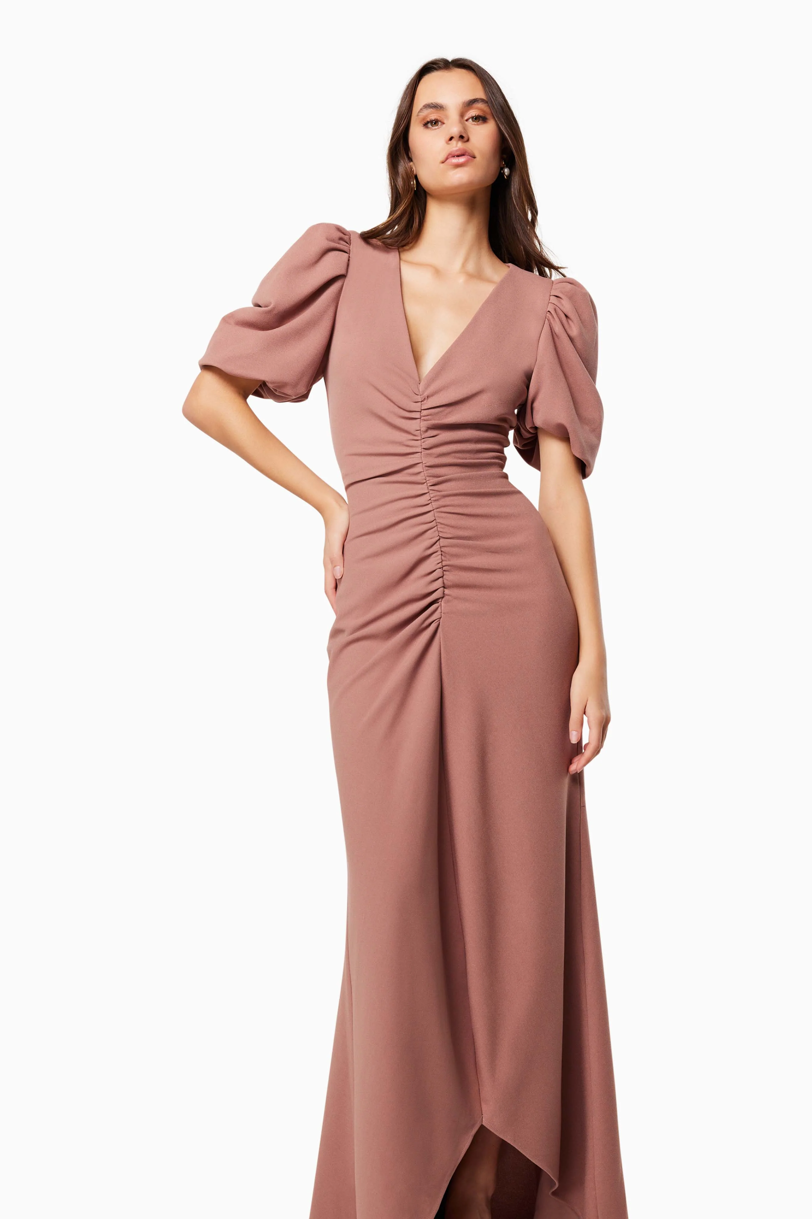 Amaryllis Short Puffed Maxi Gown In Brown