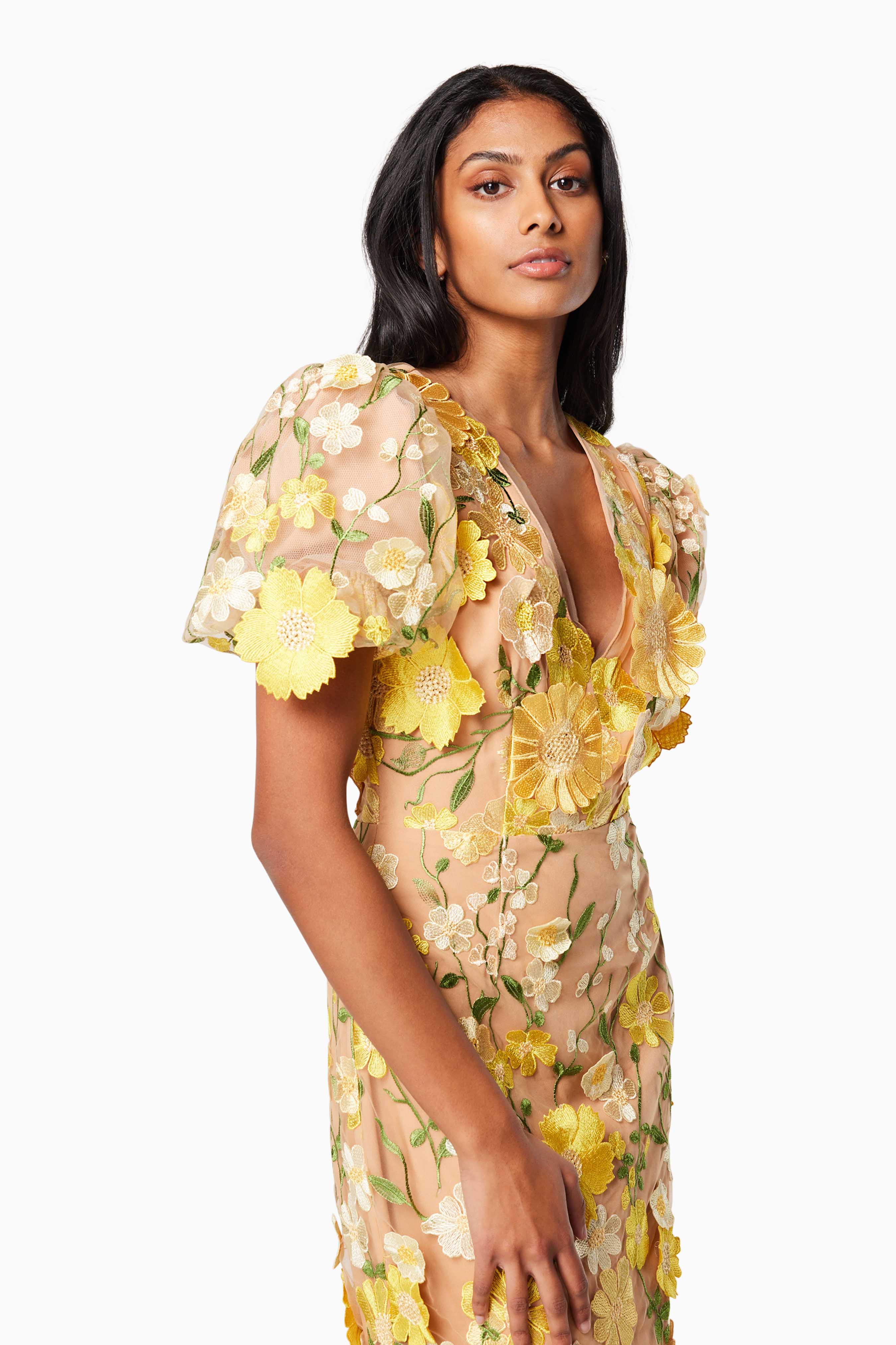 Indie 3D Floral Midi Dress In Yellow